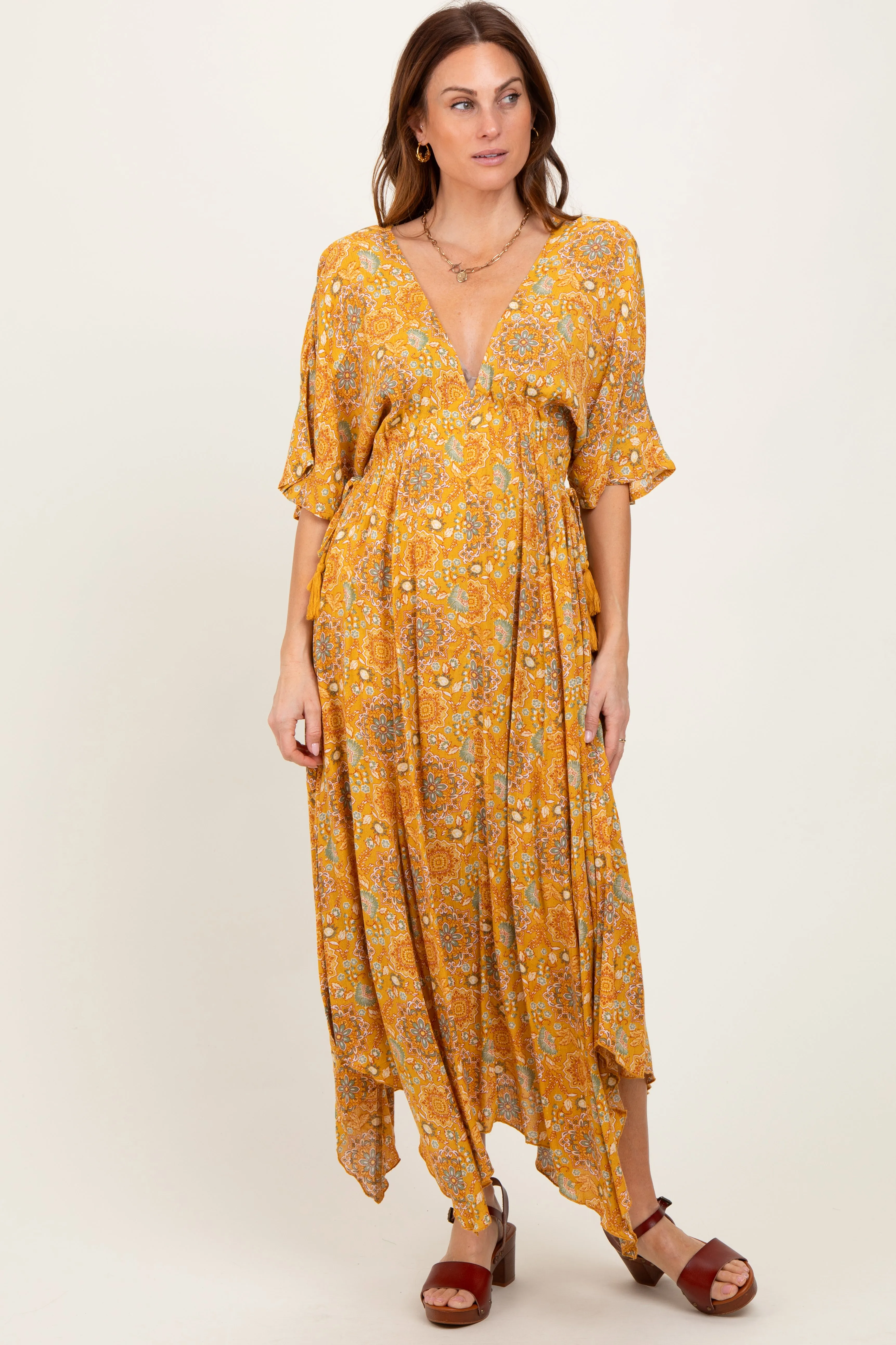 Yellow Printed Deep V-Neck Handkerchief Hem Maxi Dress sold by Pinkblush product image thumbnail 2