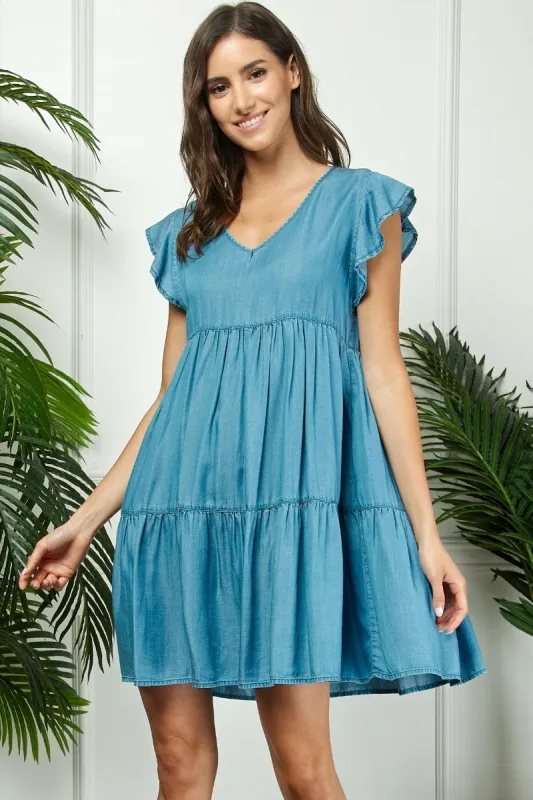 Blue Flutter Sleeve Tiered Dress sold by Pinkblush
