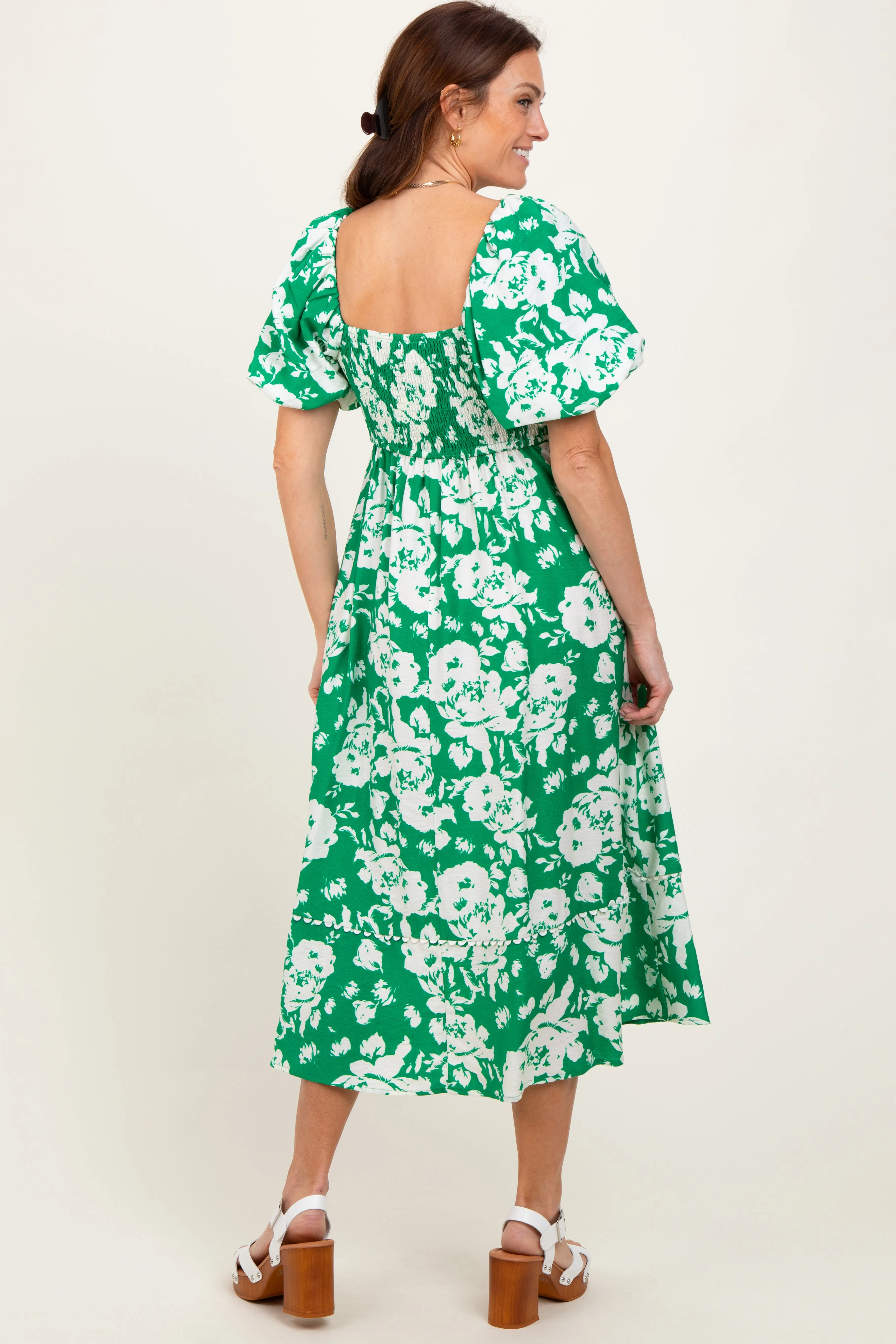 Green Floral Scallop Trim Puff Sleeve Midi Dress sold by Pinkblush product image thumbnail 4
