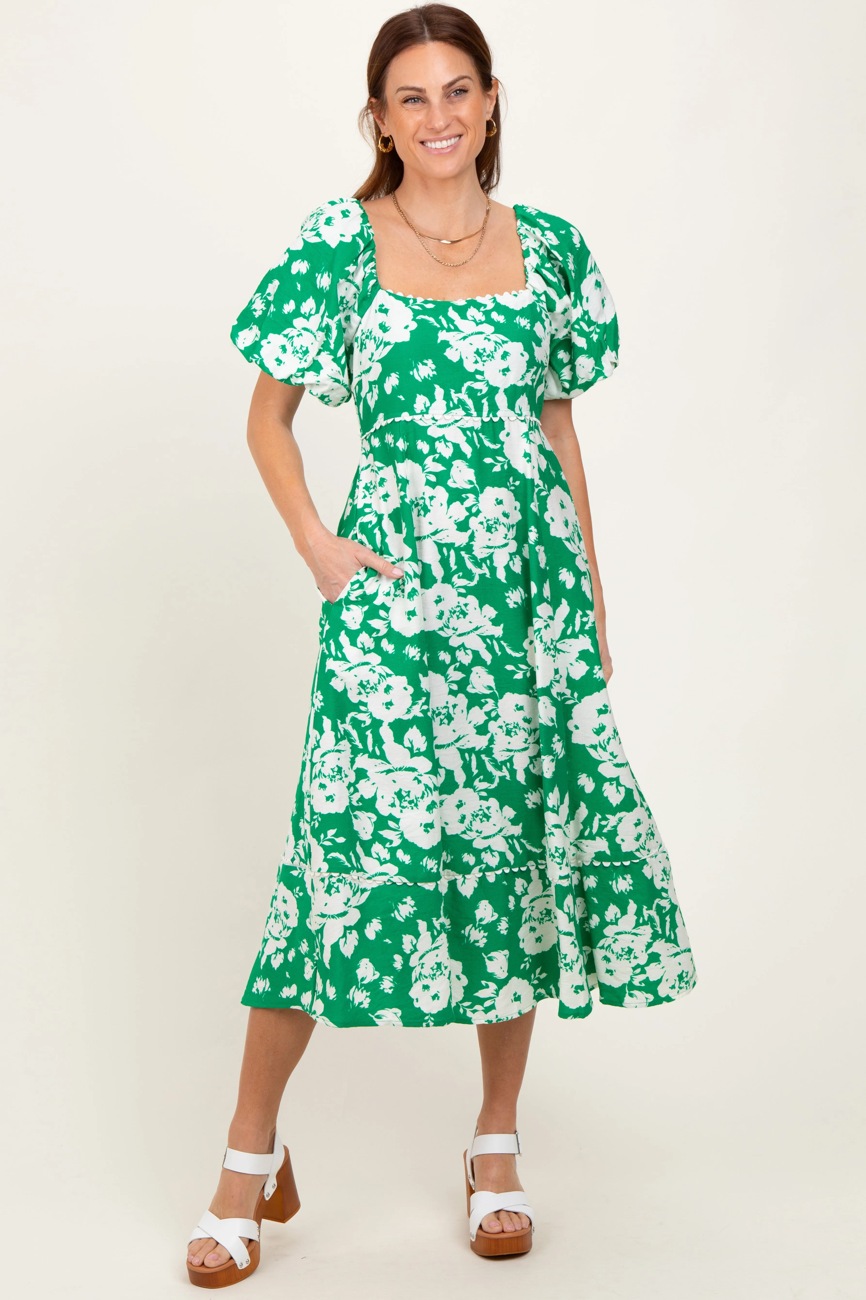 Green Floral Scallop Trim Puff Sleeve Midi Dress sold by Pinkblush