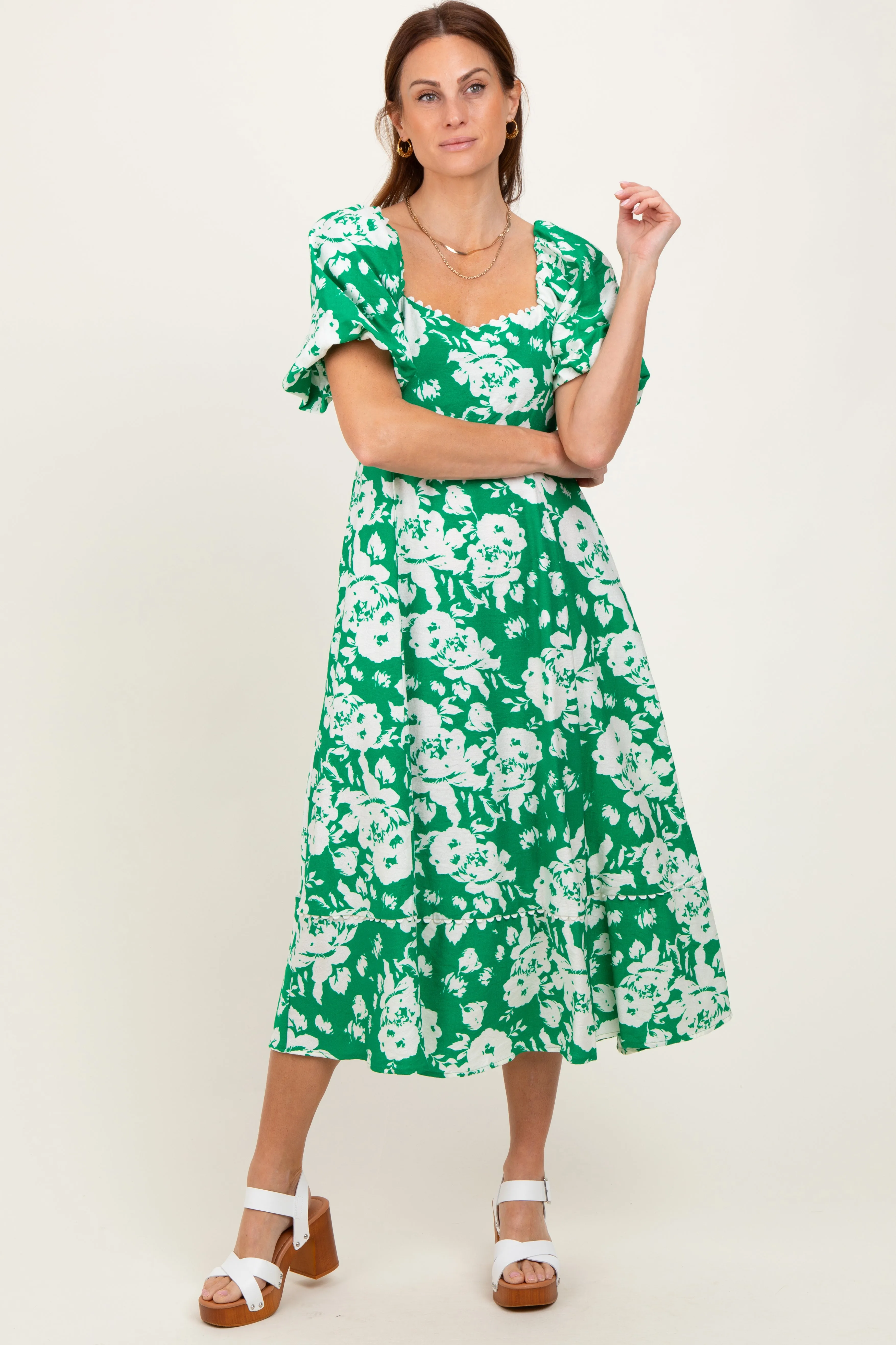 Green Floral Scallop Trim Puff Sleeve Midi Dress sold by Pinkblush product image thumbnail 2