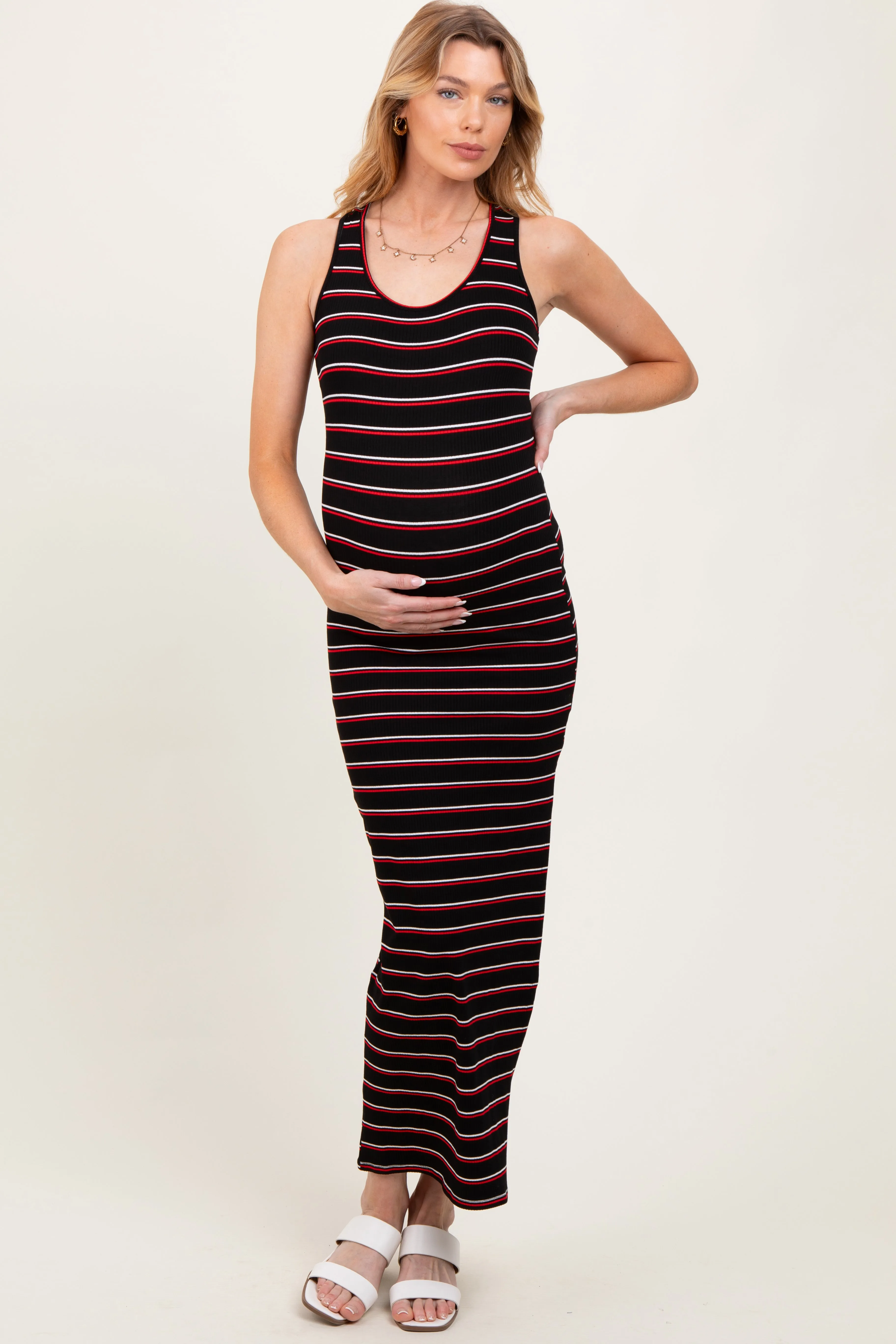 Black Red Striped Side Slit Maternity Maxi Dress sold by Pinkblush product image thumbnail 3