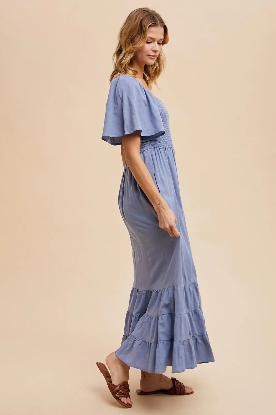 Blue Smocked Cotton Flutter Sleeve Maxi Dress sold by Pinkblush product image thumbnail 3