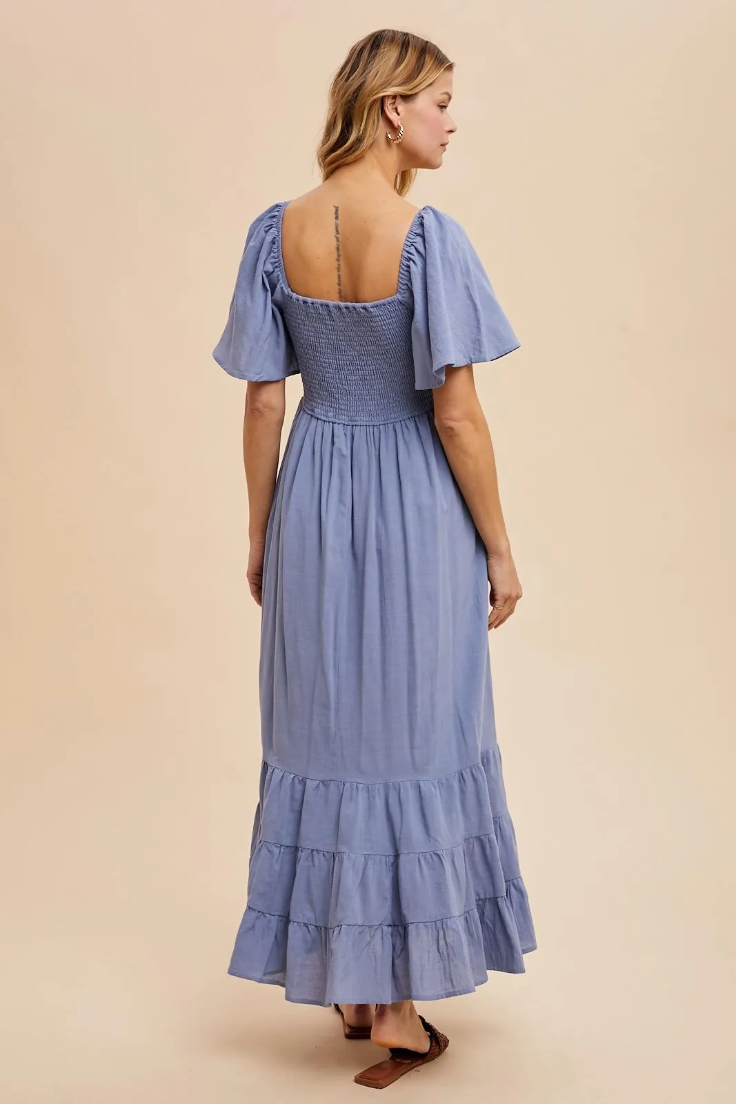 Blue Smocked Cotton Flutter Sleeve Maxi Dress sold by Pinkblush product image thumbnail 4