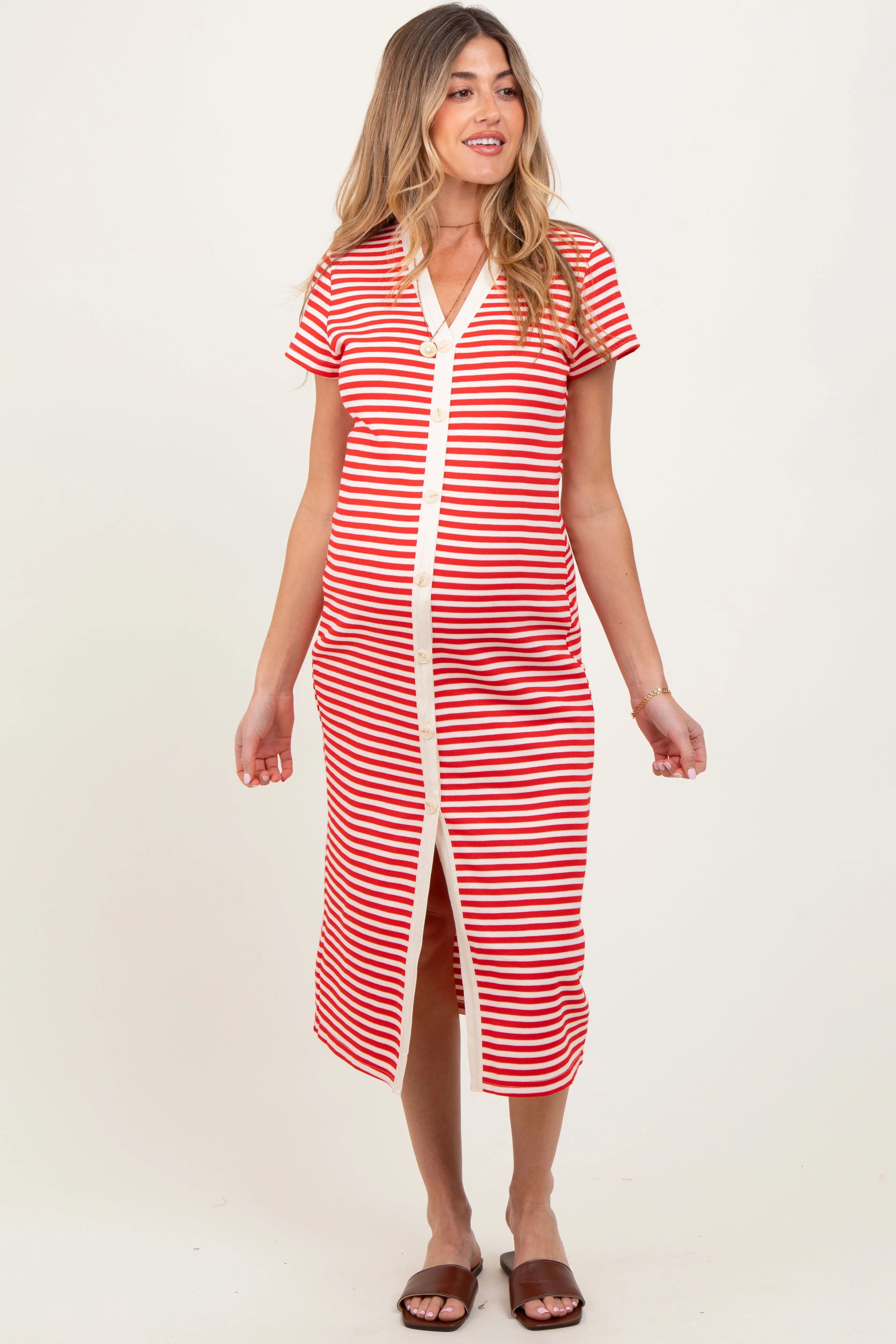 Red Striped Button Down Maternity Midi Dress sold by Pinkblush product image thumbnail 2