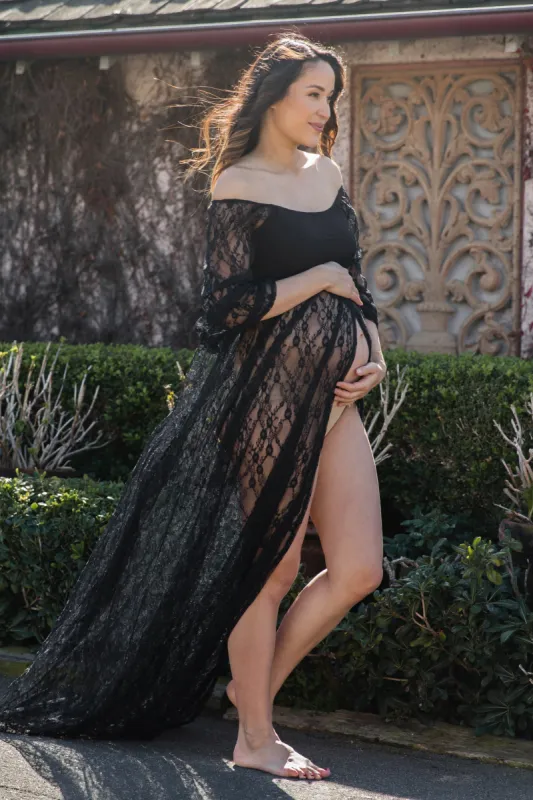 Black Lace Off Shoulder Maternity Photoshoot Gown/Dress sold by Pinkblush