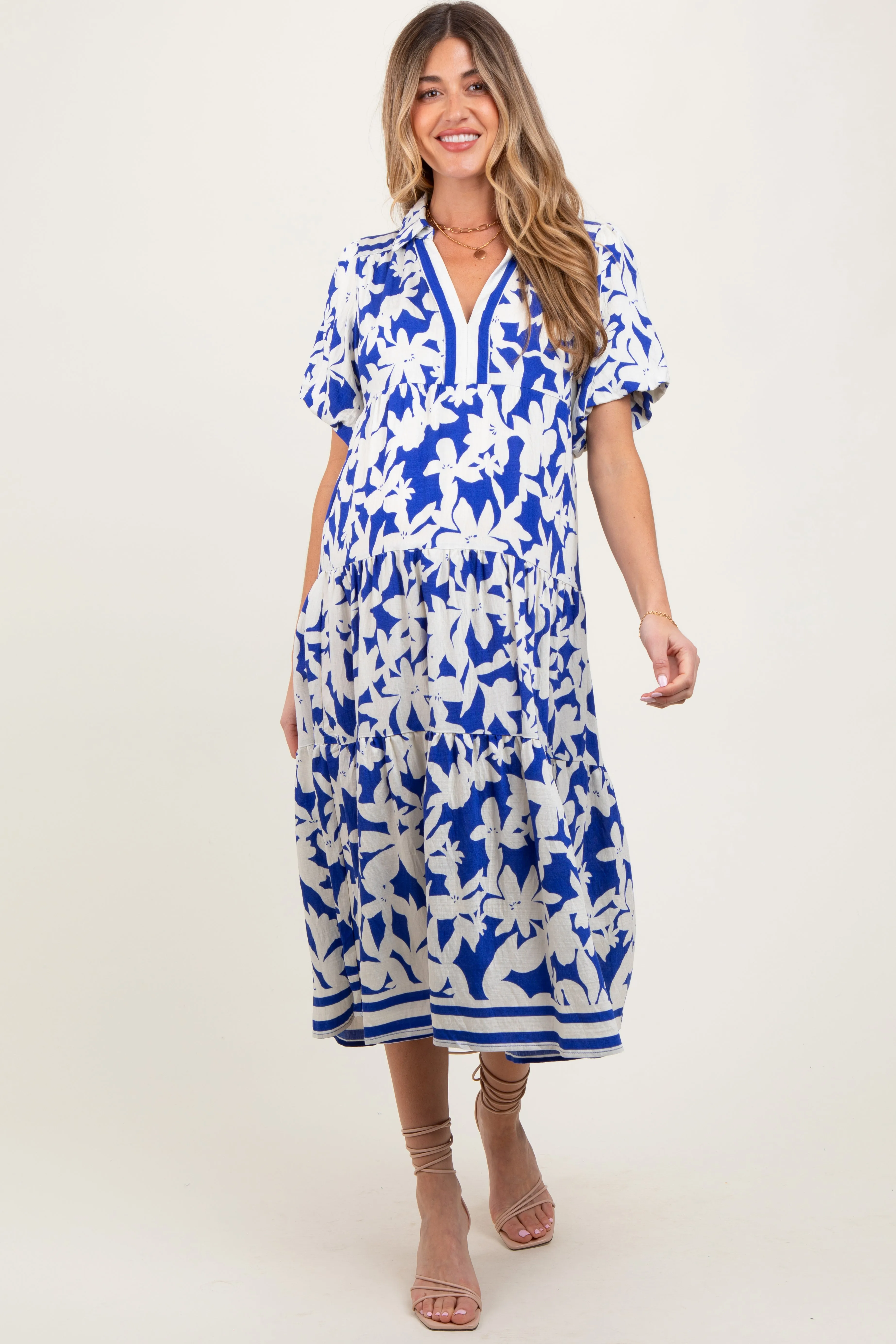 Blue Botanical Print A Line Tiered Maternity Dress sold by Pinkblush