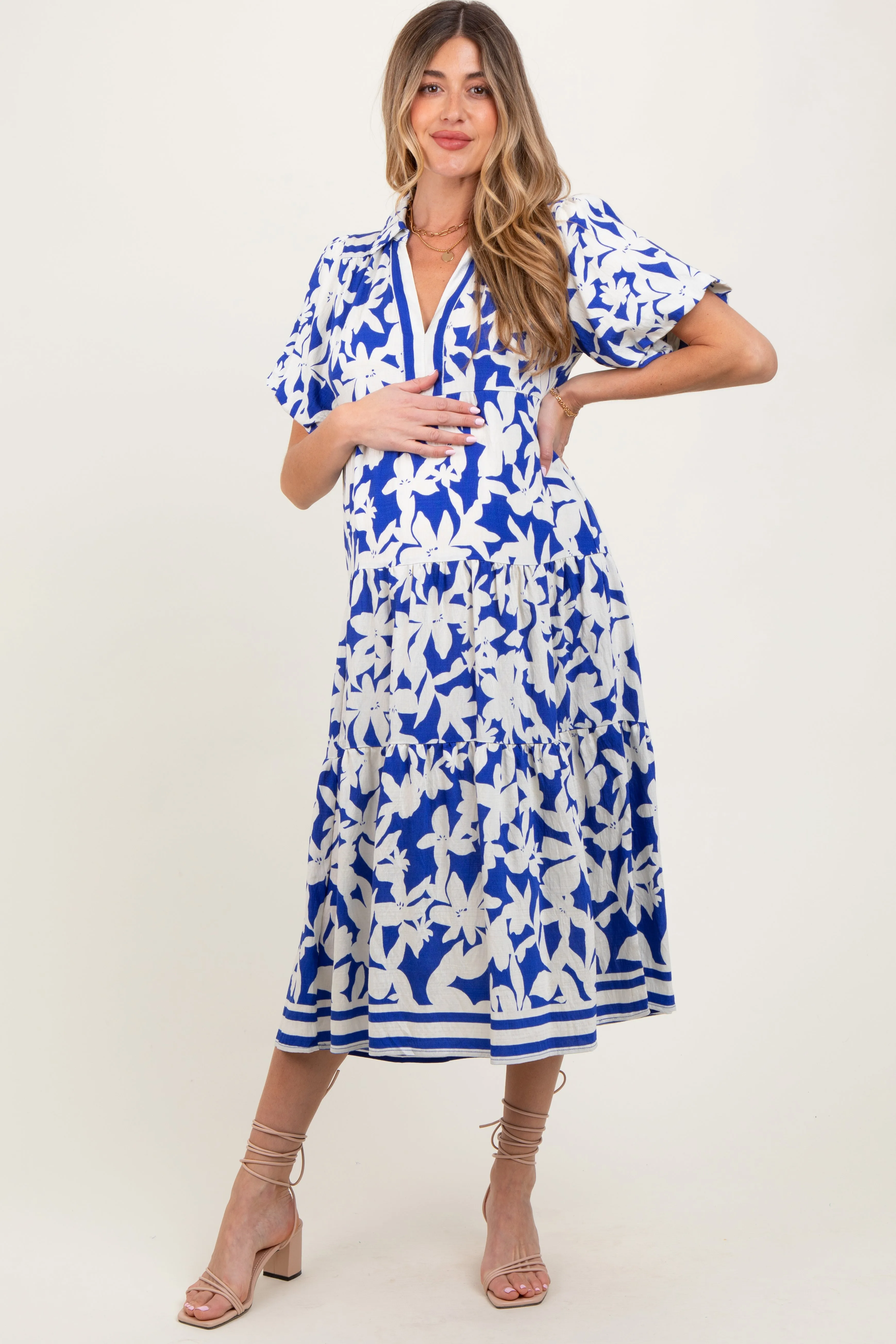 Blue Botanical Print A Line Tiered Maternity Dress sold by Pinkblush product image thumbnail 2