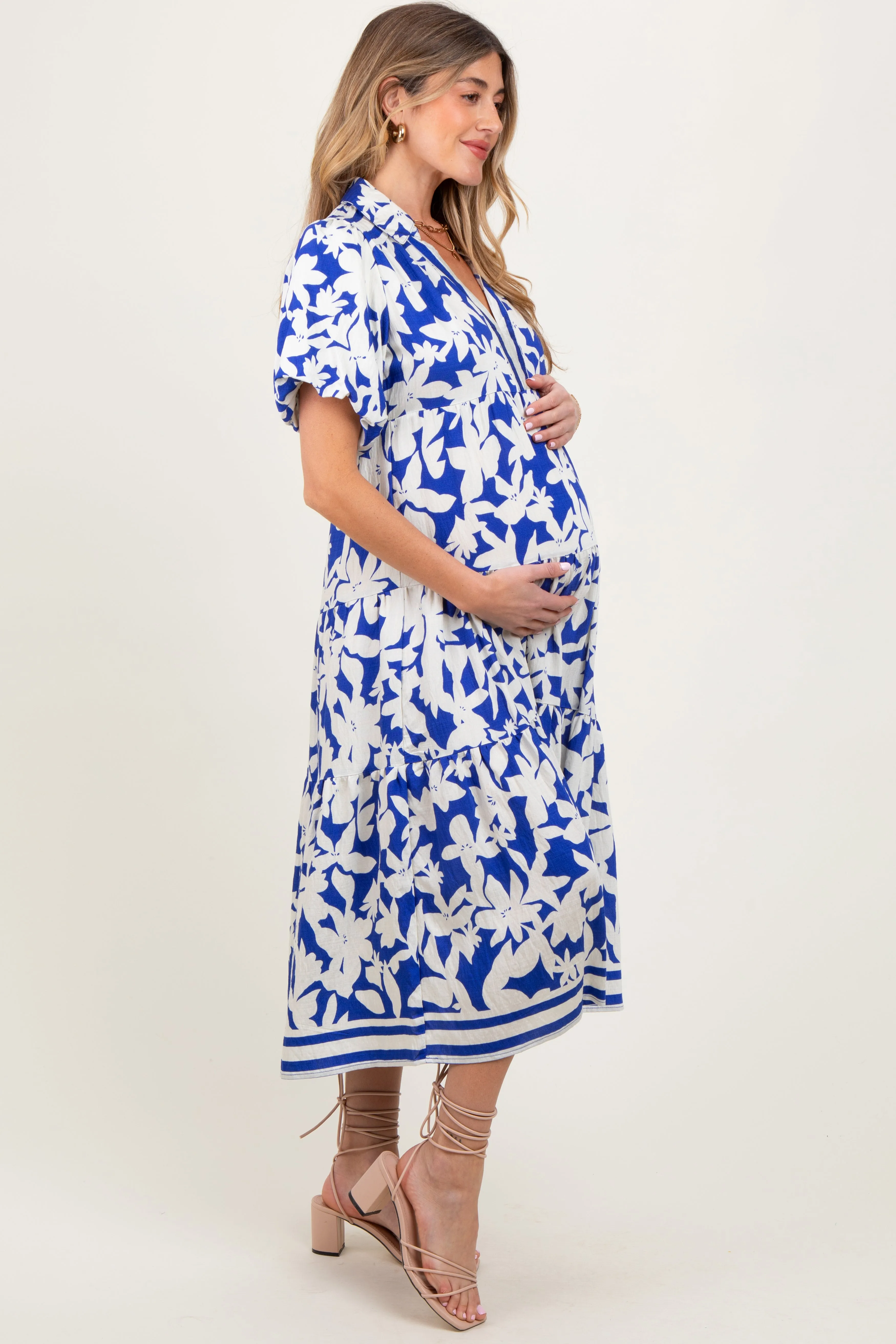 Blue Botanical Print A Line Tiered Maternity Dress sold by Pinkblush product image thumbnail 3