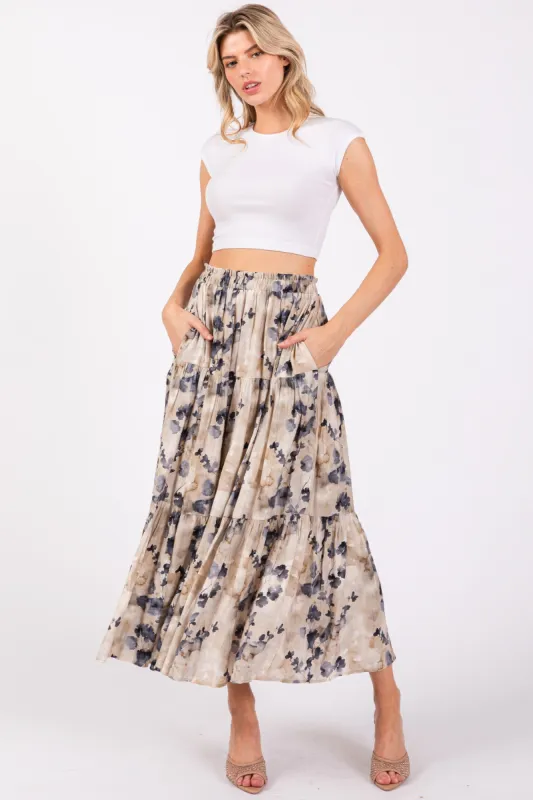 Cream Watercolor Floral Tiered Midi Skirt sold by Pinkblush