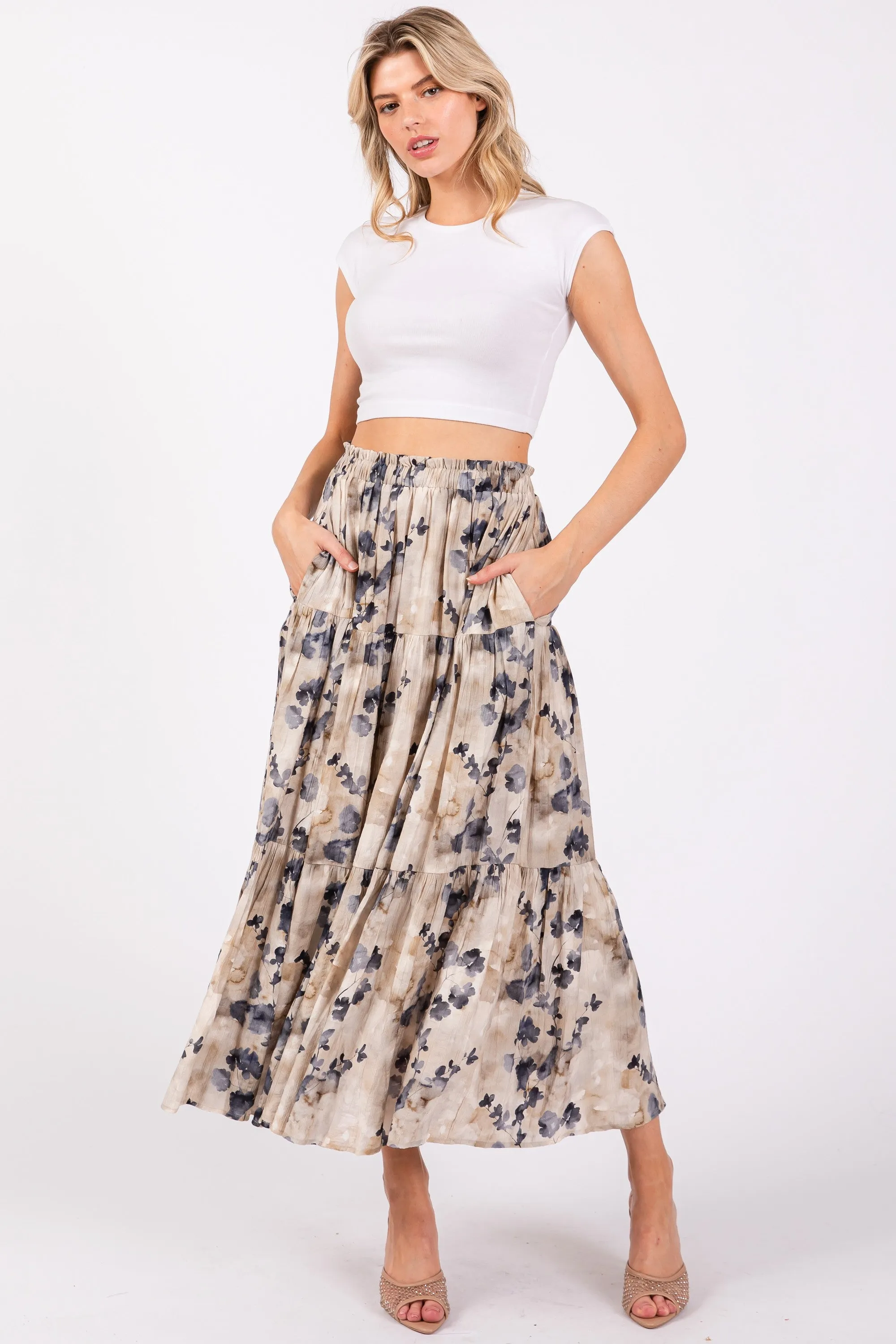Cream Watercolor Floral Tiered Midi Skirt sold by Pinkblush