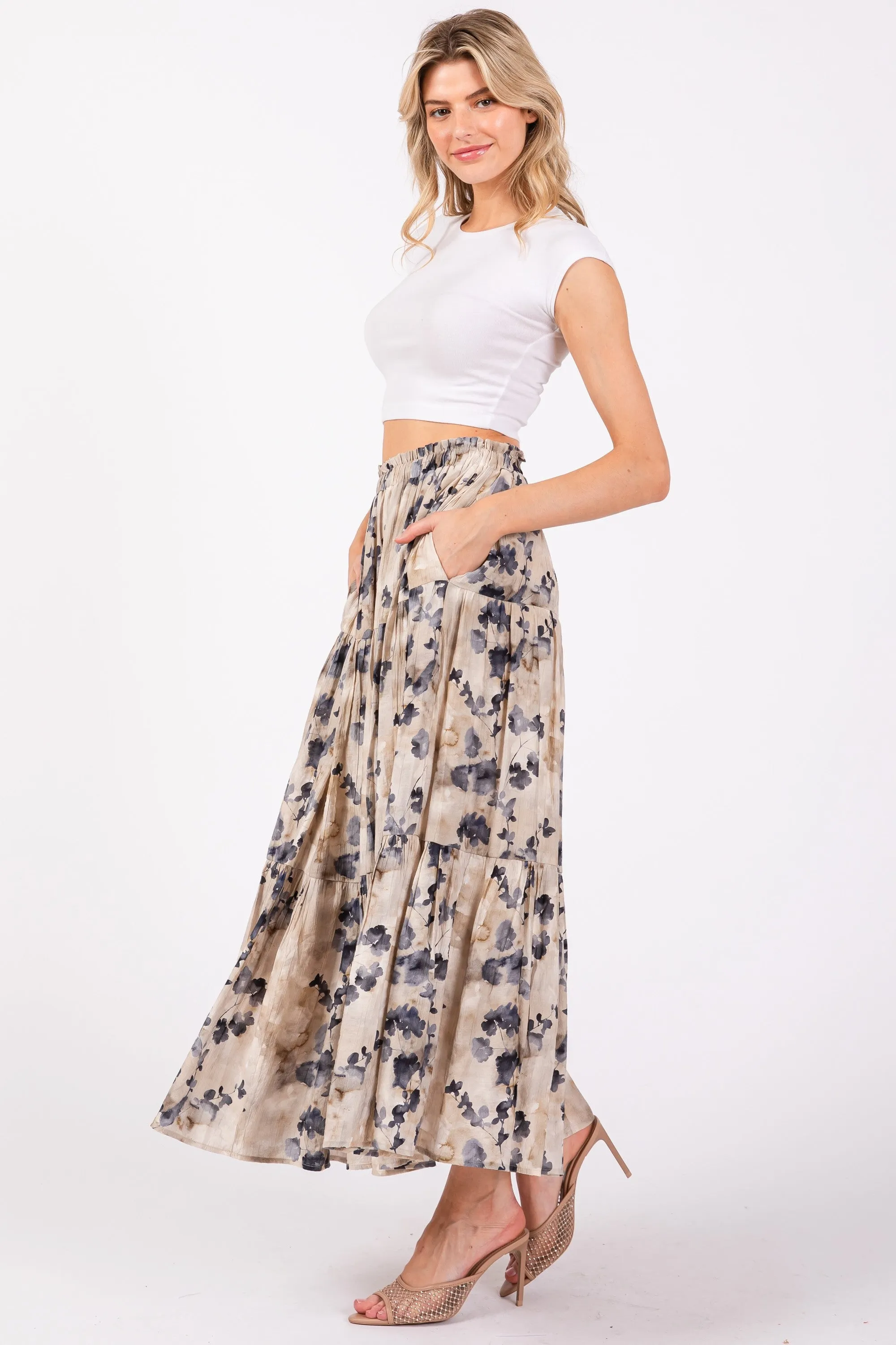 Cream Watercolor Floral Tiered Midi Skirt sold by Pinkblush product image thumbnail 2