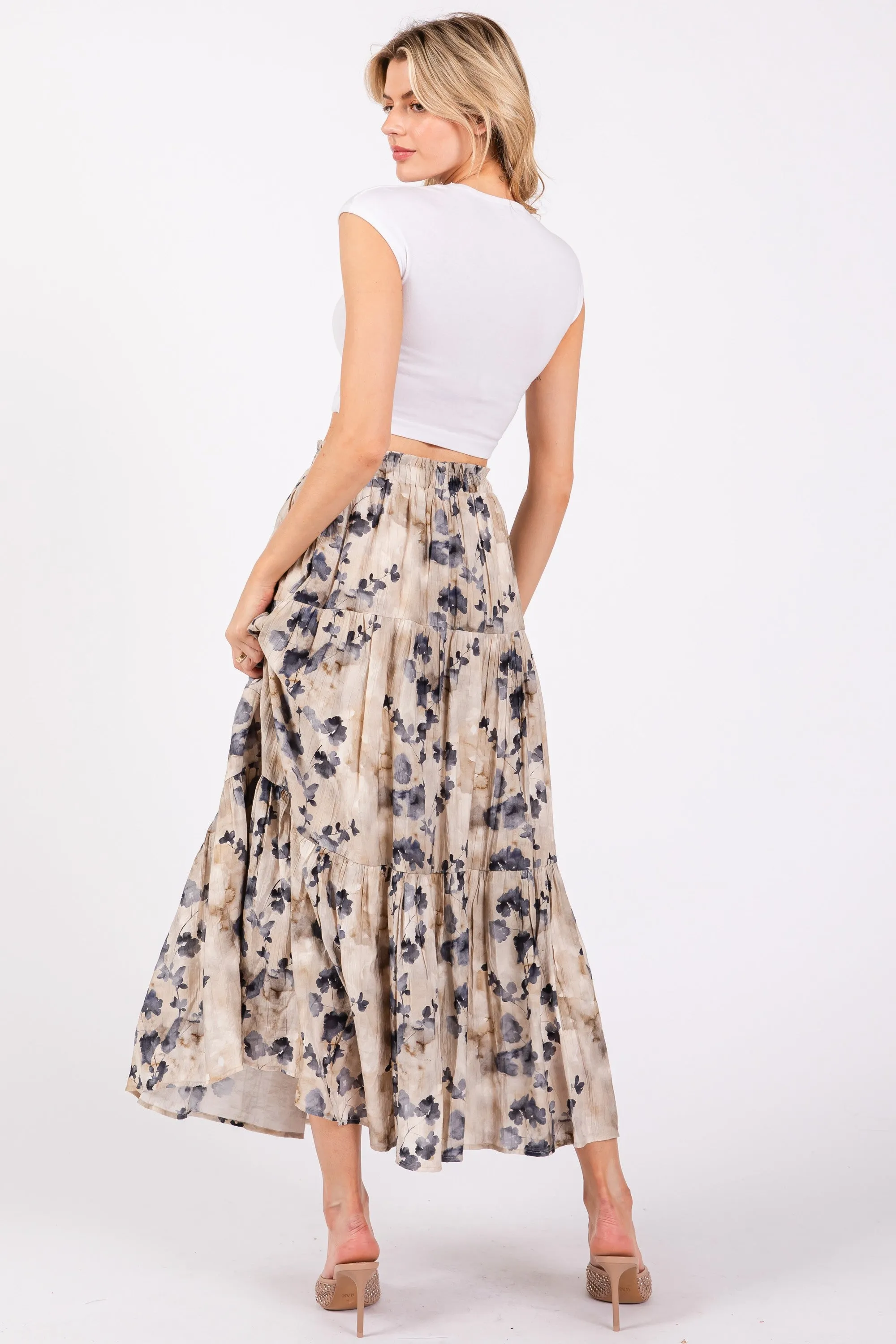 Cream Watercolor Floral Tiered Midi Skirt sold by Pinkblush product image thumbnail 3