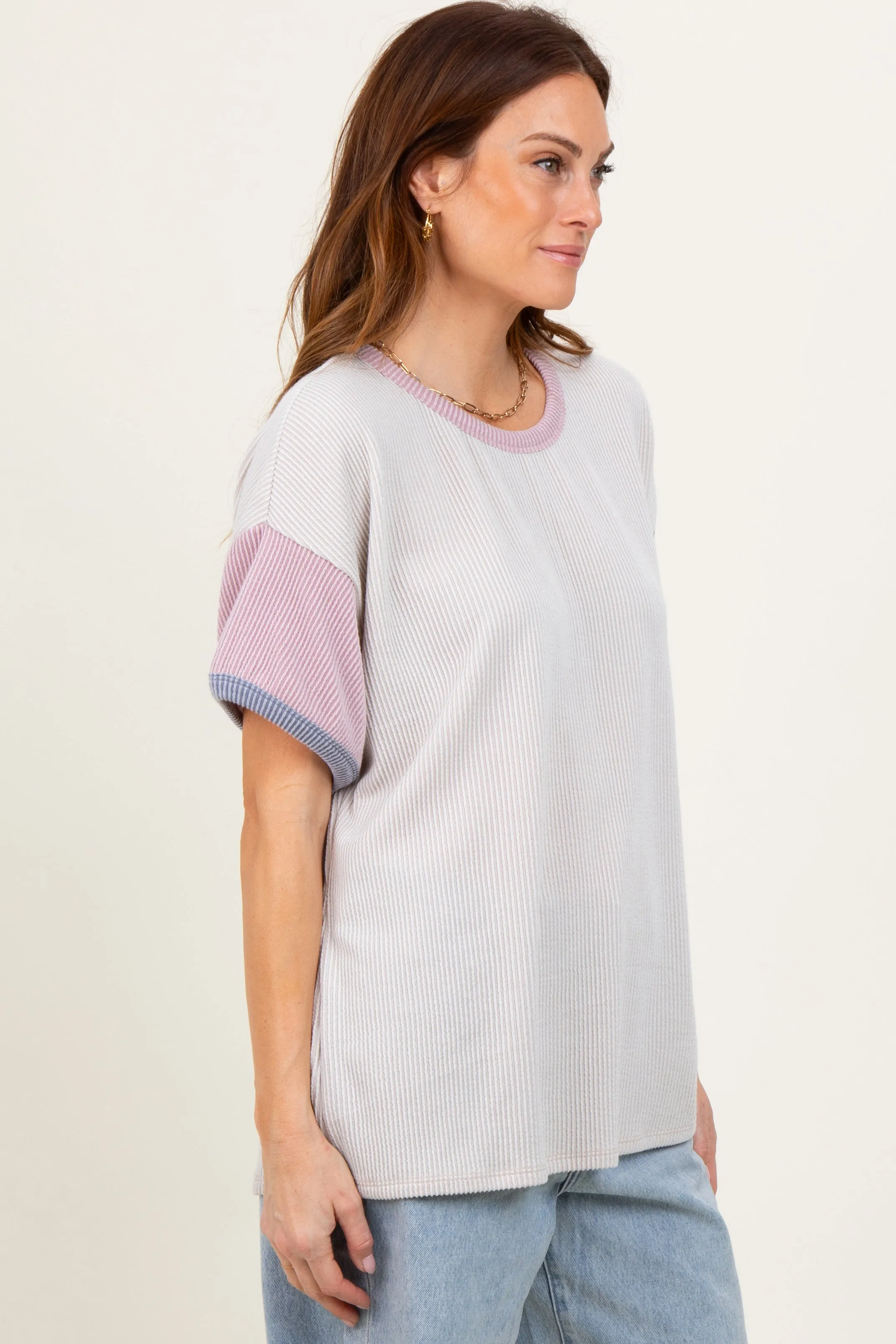 Cream Solid Ribbed Color Block Short Sleeve Tunic Top sold by Pinkblush product image thumbnail 2