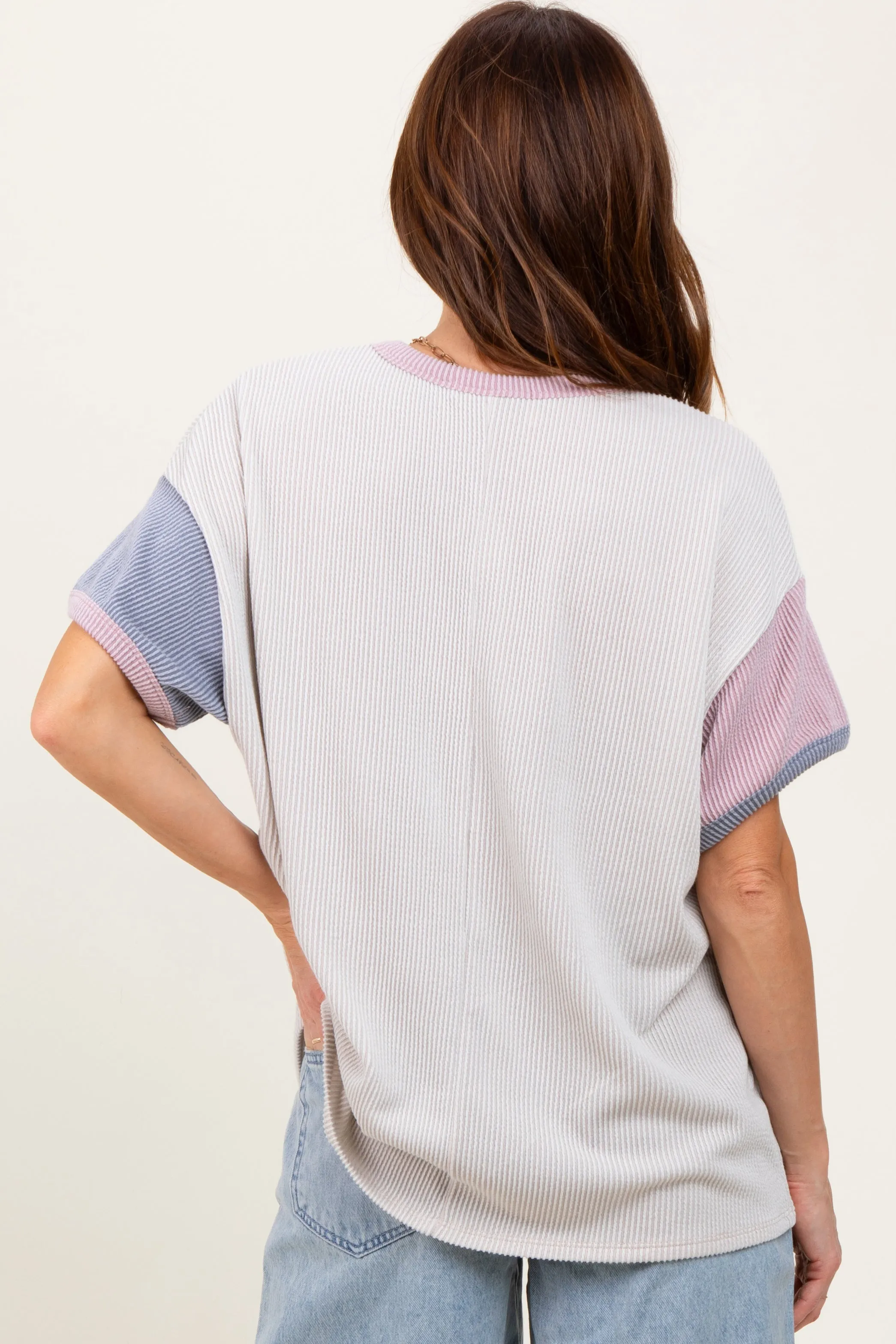 Cream Solid Ribbed Color Block Short Sleeve Tunic Top sold by Pinkblush product image thumbnail 3