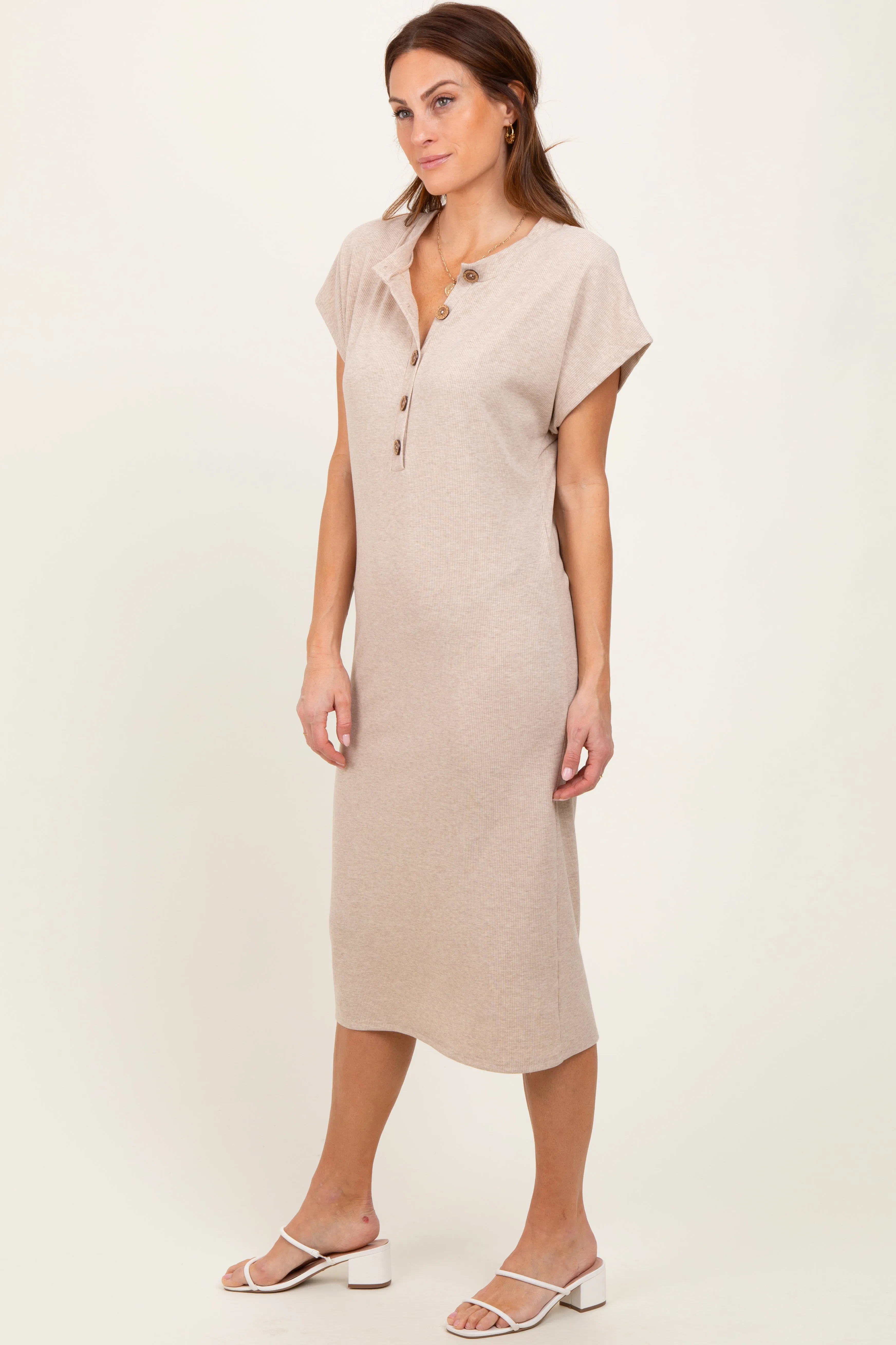 Beige Solid Ribbed Short Sleeve Button Down Knit Midi Dress sold by Pinkblush product image thumbnail 3