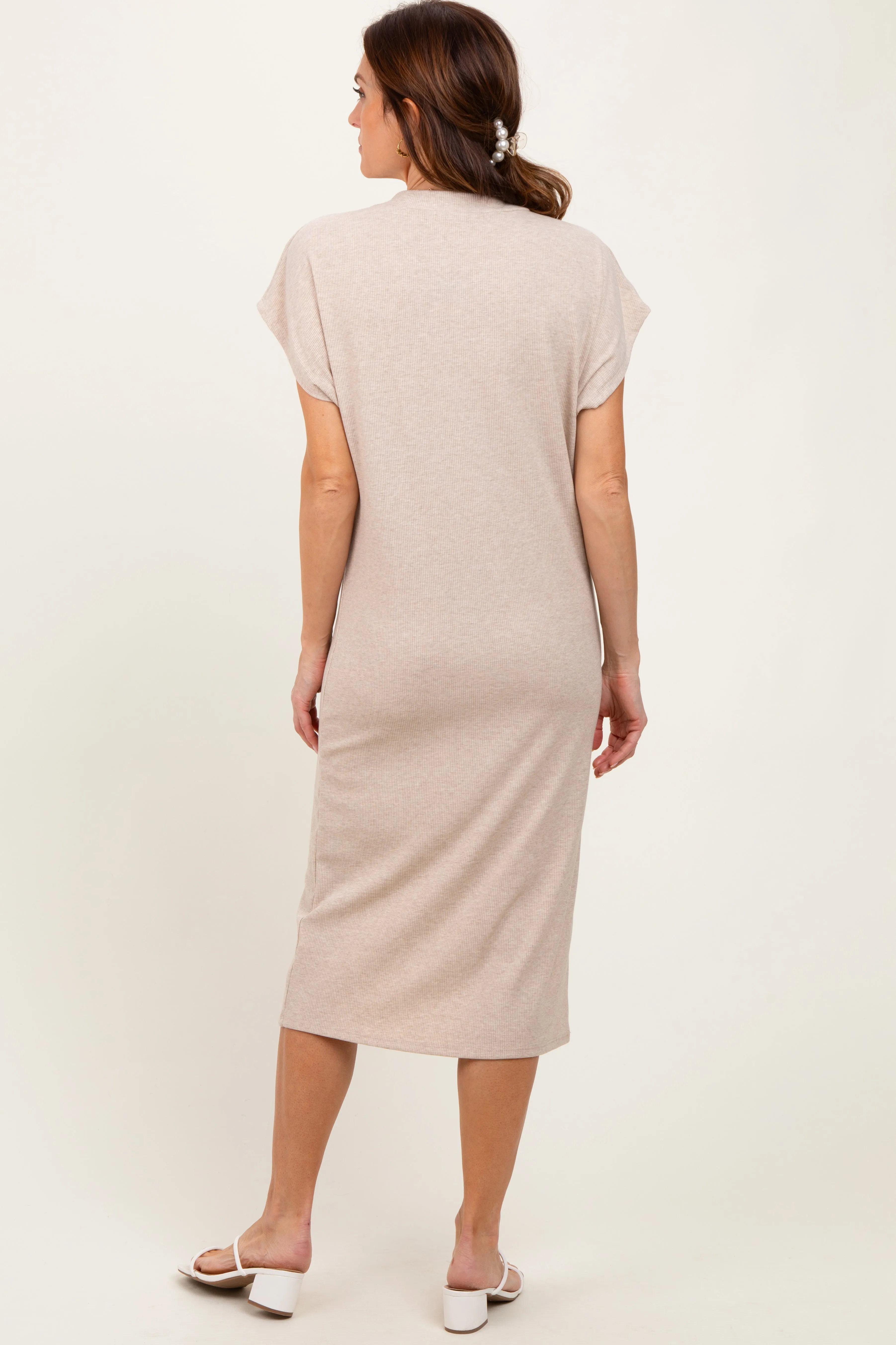 Beige Solid Ribbed Short Sleeve Button Down Knit Midi Dress sold by Pinkblush product image thumbnail 4
