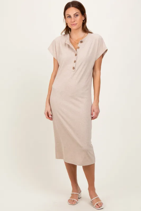 Beige Solid Ribbed Short Sleeve Button Down Knit Midi Dress sold by Pinkblush