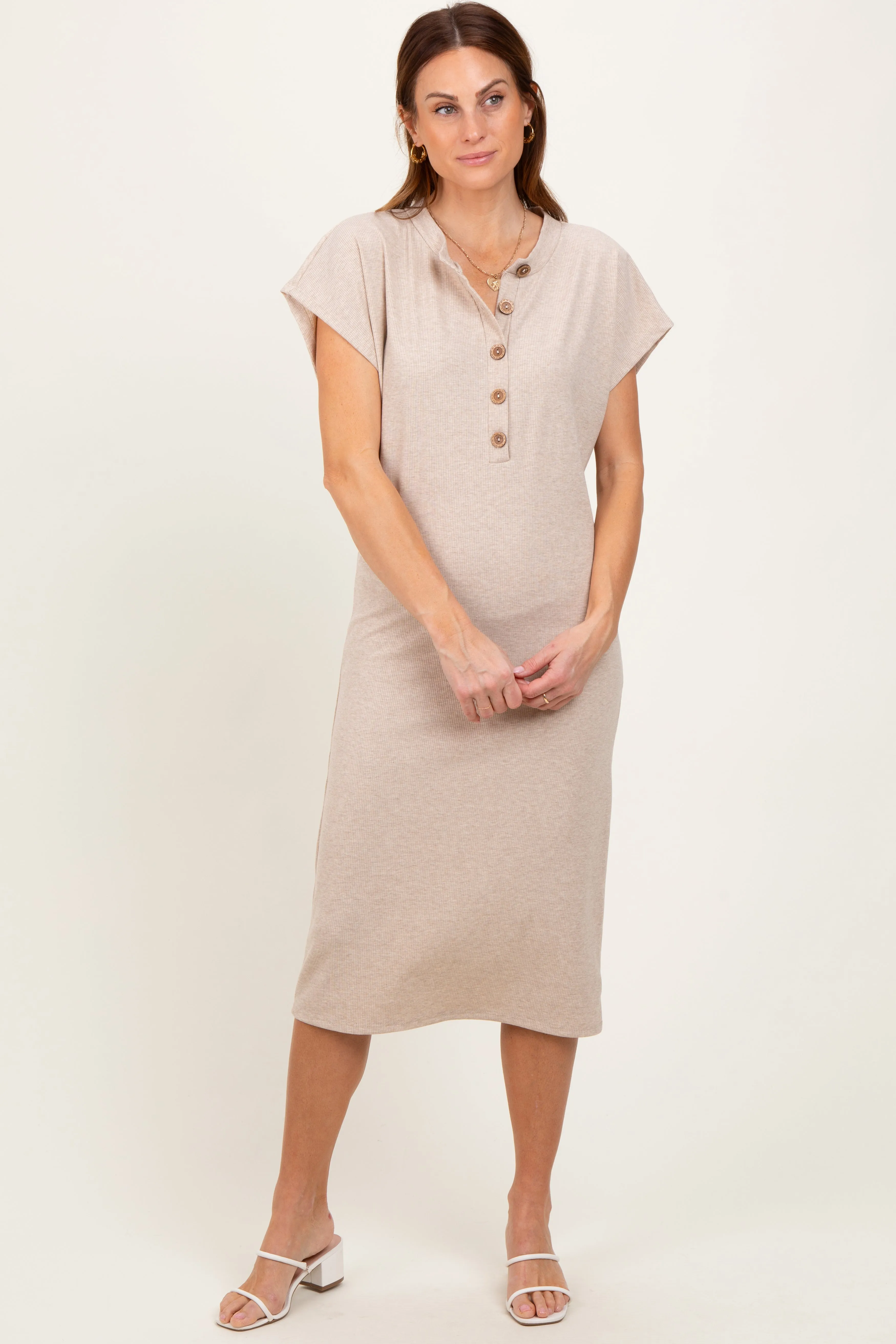 Beige Solid Ribbed Short Sleeve Button Down Knit Midi Dress sold by Pinkblush product image thumbnail 2
