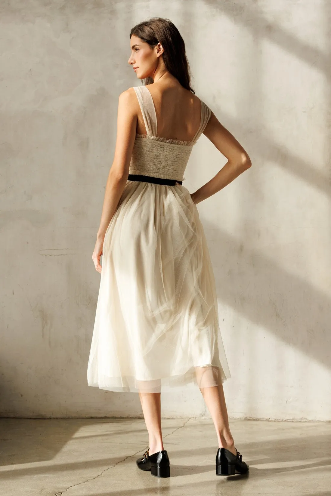 Cream Smocked Contrast Sash Ruffle Tulle Midi Dress sold by Pinkblush product image thumbnail 4