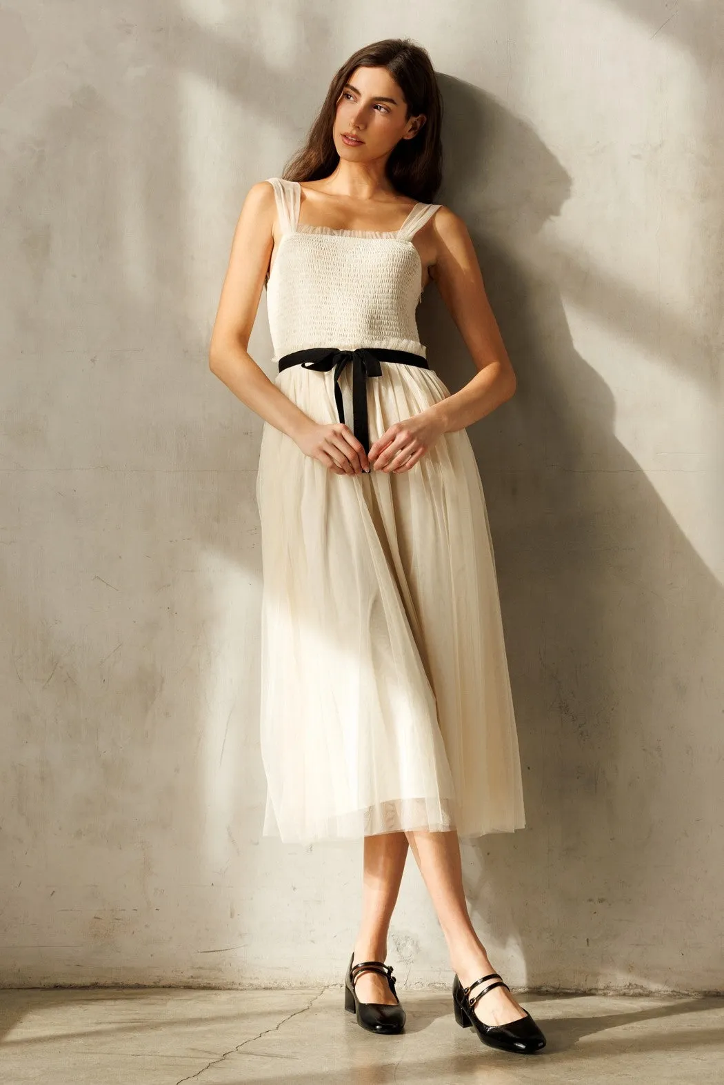 Cream Smocked Contrast Sash Ruffle Tulle Midi Dress sold by Pinkblush