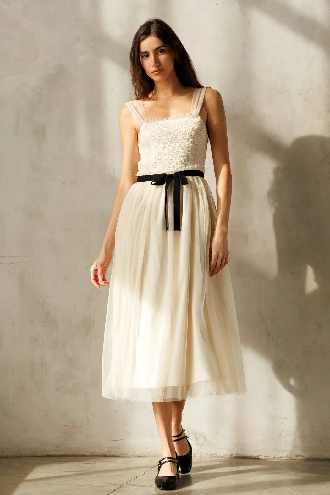 Cream Smocked Contrast Sash Ruffle Tulle Midi Dress sold by Pinkblush product image thumbnail 2