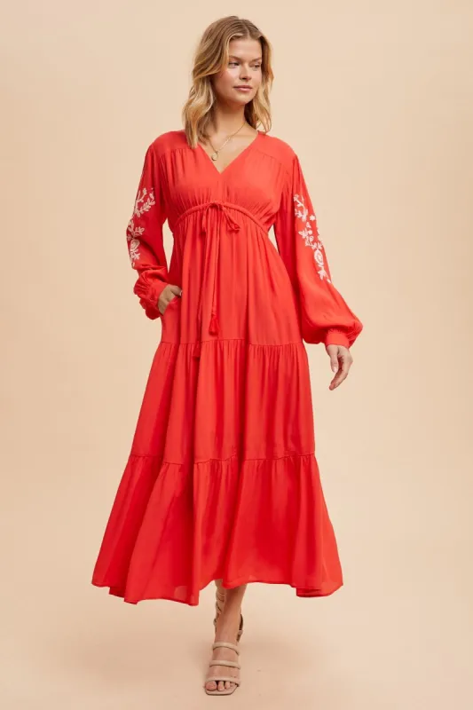 Red Embroidered Long Sleeve Maxi Dress sold by Pinkblush