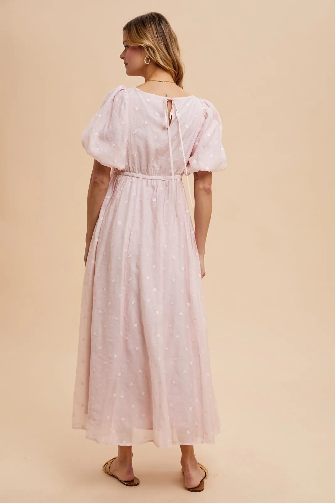 Light Pink Embroidered Shirred Puff Sleeve Maxi Dress sold by Pinkblush product image thumbnail 5