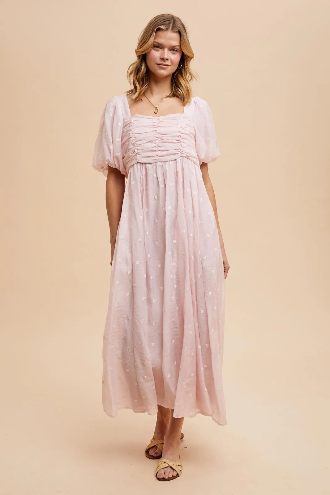 Light Pink Embroidered Shirred Puff Sleeve Maxi Dress sold by Pinkblush product image thumbnail 2