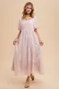 Light Pink Embroidered Shirred Puff Sleeve Maxi Dress sold by Pinkblush
