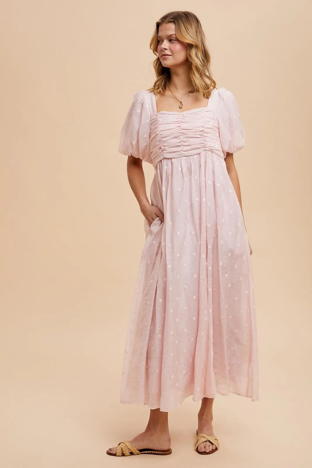 Light Pink Embroidered Shirred Puff Sleeve Maxi Dress sold by Pinkblush