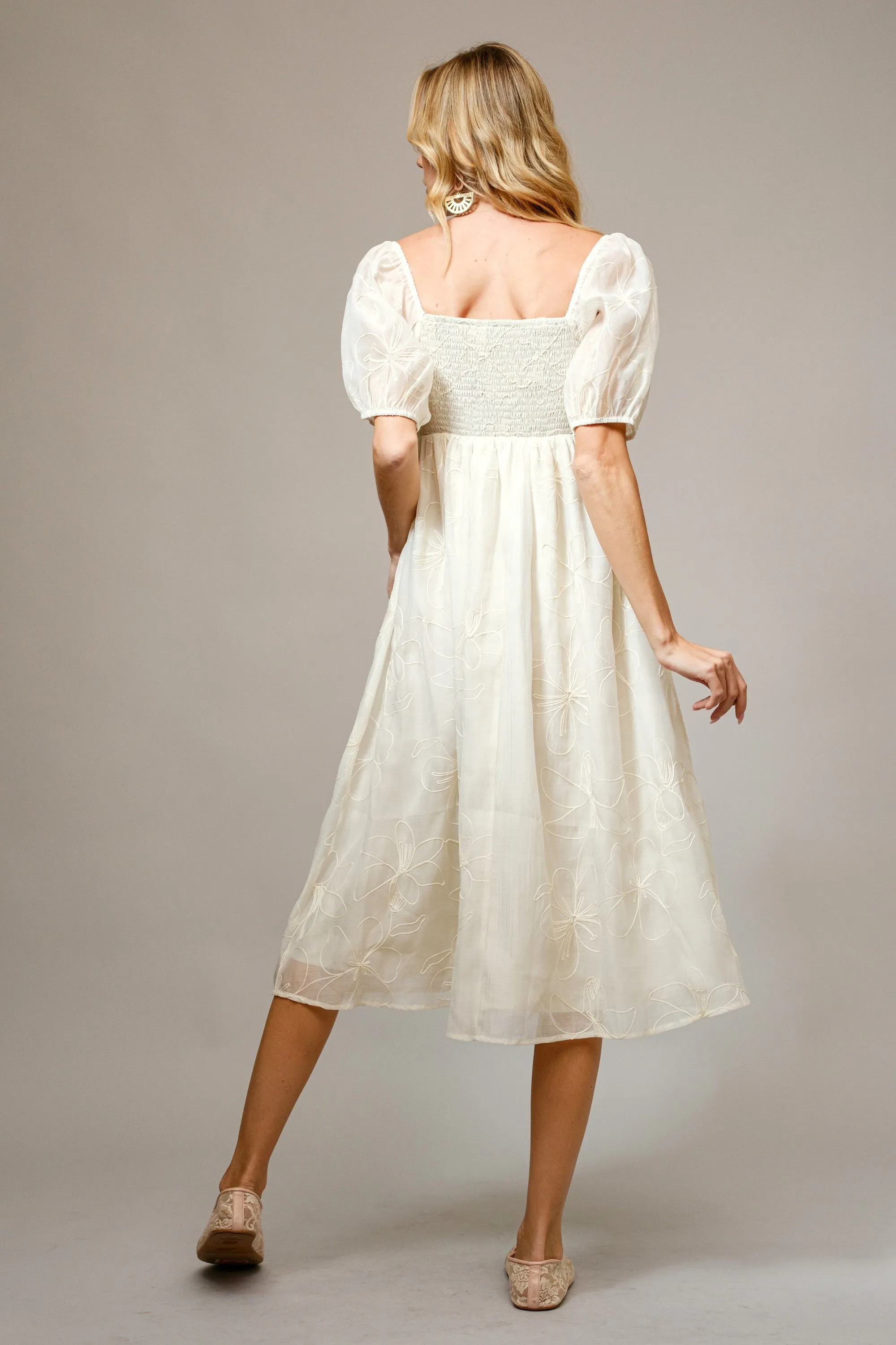 Cream Embroidered Floral Puff Sleeve Midi Dress sold by Pinkblush product image thumbnail 2