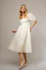Cream Embroidered Floral Puff Sleeve Midi Dress sold by Pinkblush