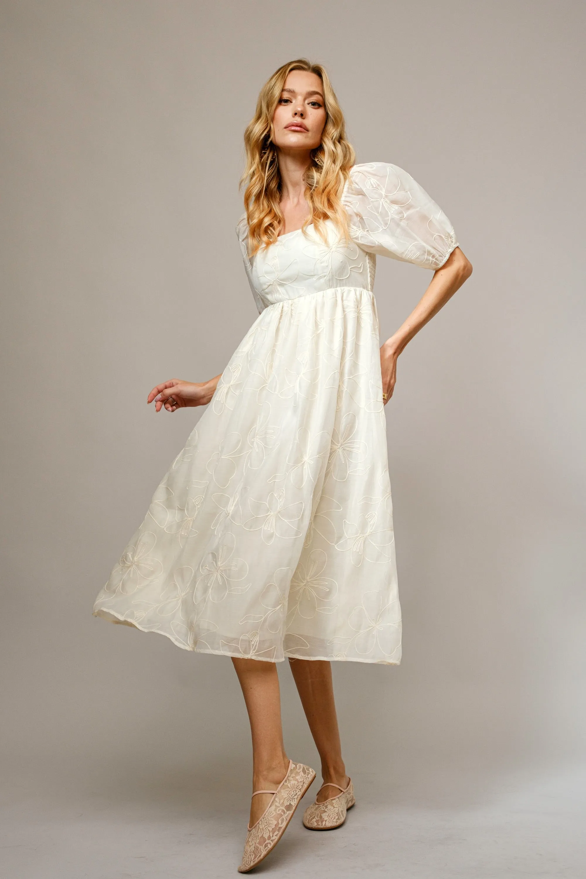 Cream Embroidered Floral Puff Sleeve Midi Dress sold by Pinkblush