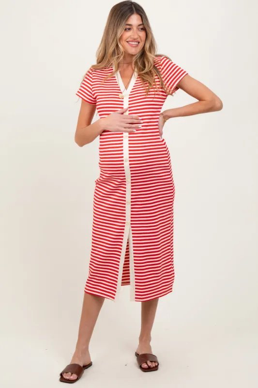 Red Striped Button Down Maternity Midi Dress sold by Pinkblush