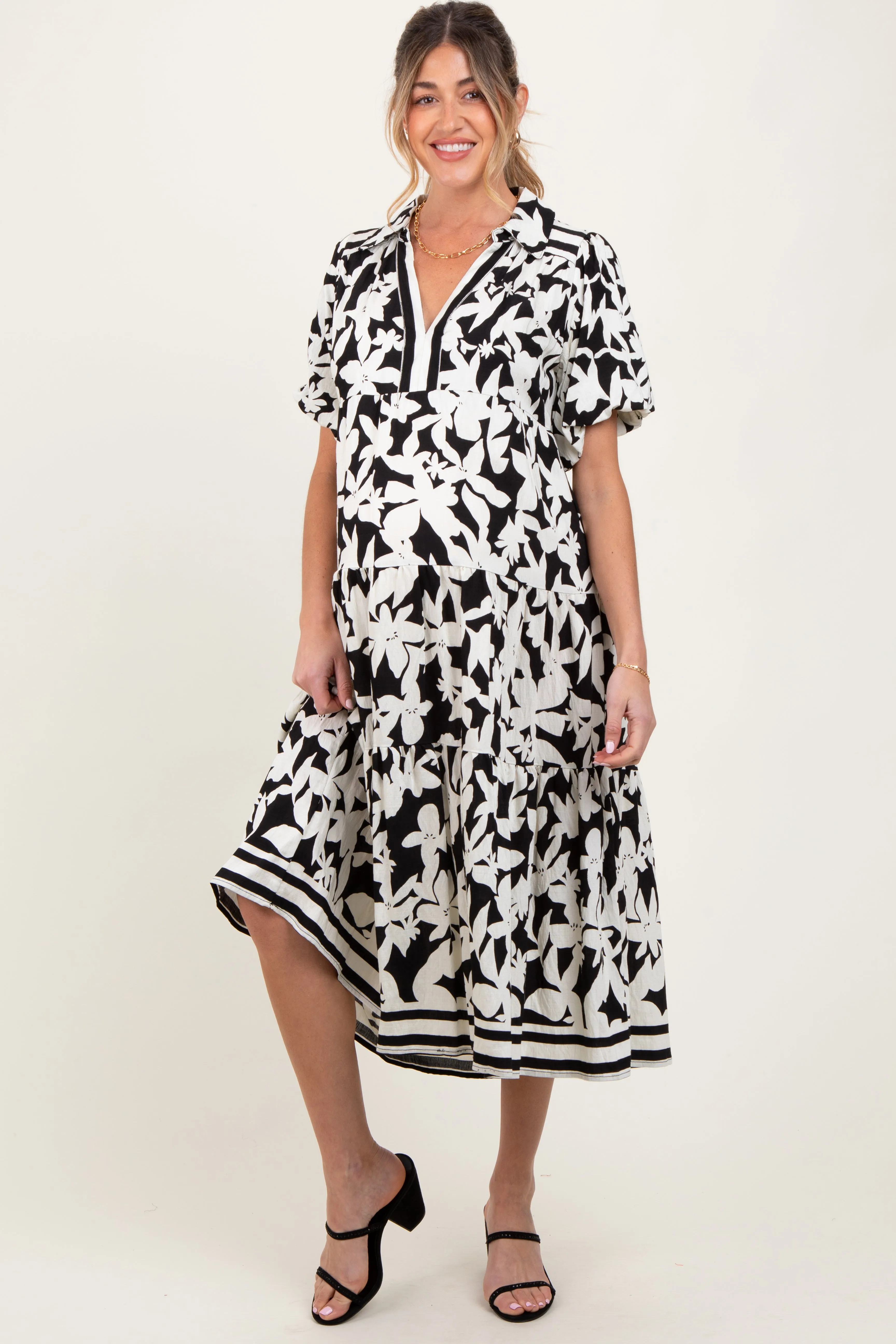 Black Botanical Print A Line Tiered Maternity Dress sold by Pinkblush product image thumbnail 2