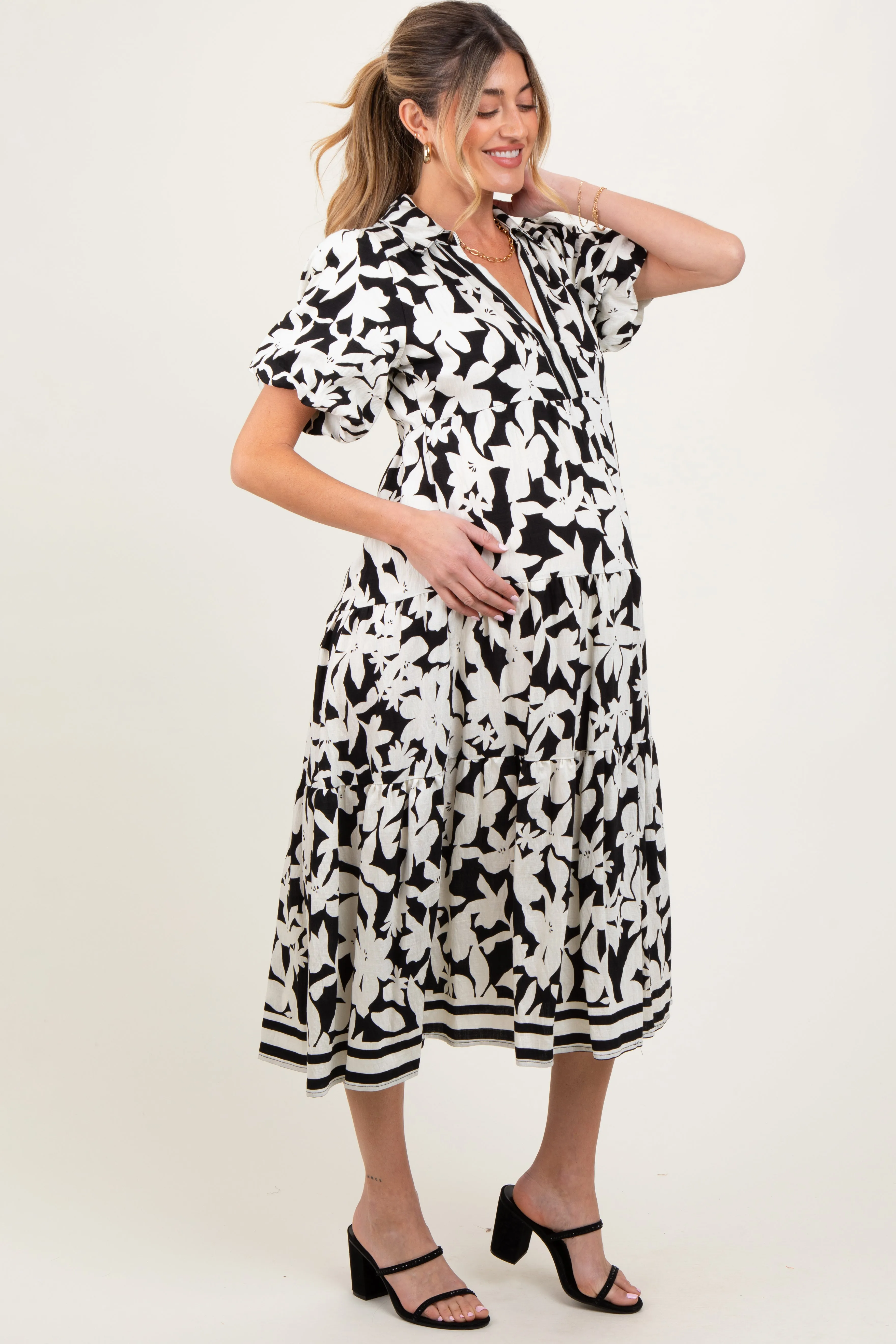 Black Botanical Print A Line Tiered Maternity Dress sold by Pinkblush product image thumbnail 3