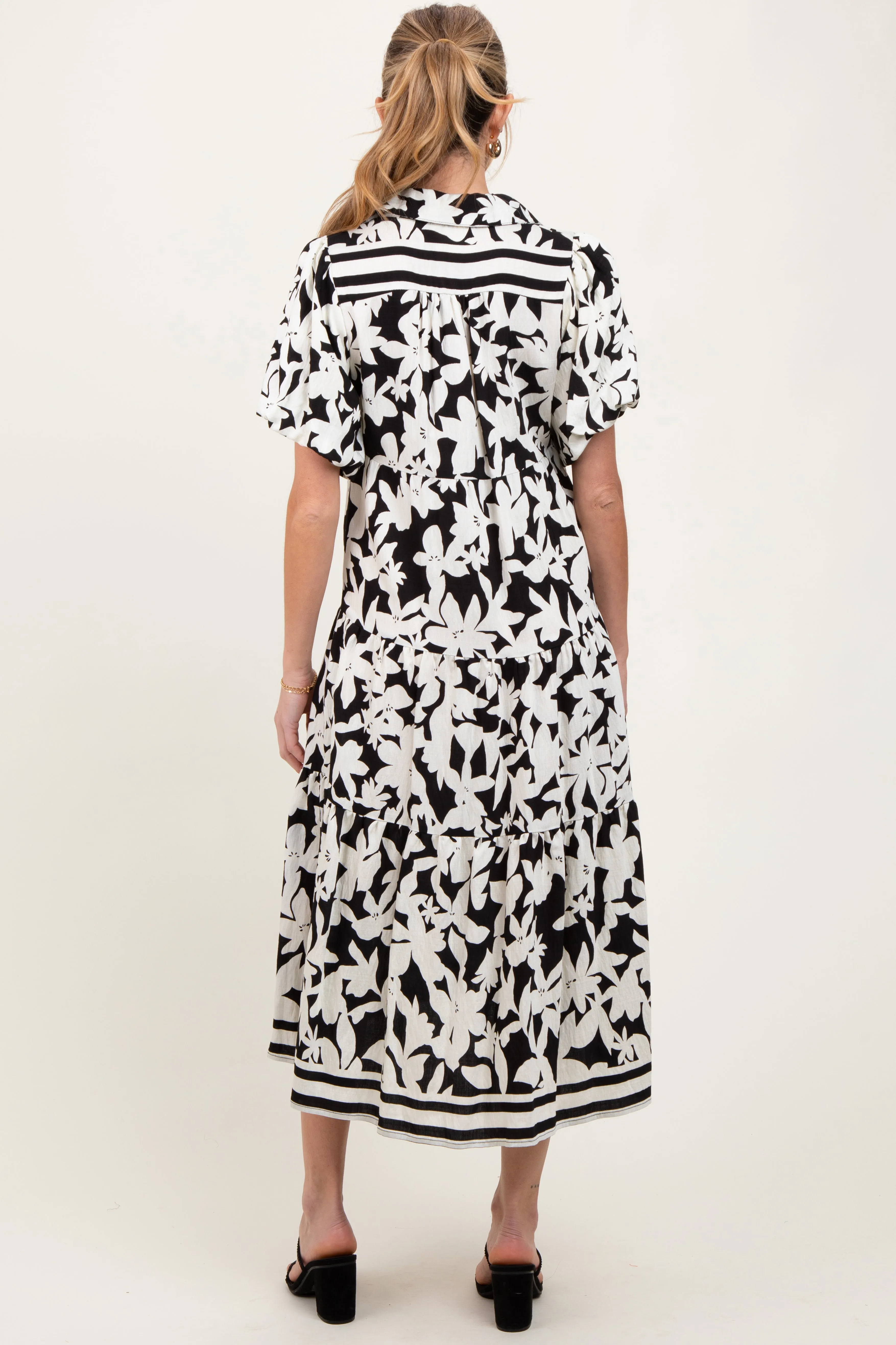 Black Botanical Print A Line Tiered Maternity Dress sold by Pinkblush product image thumbnail 4