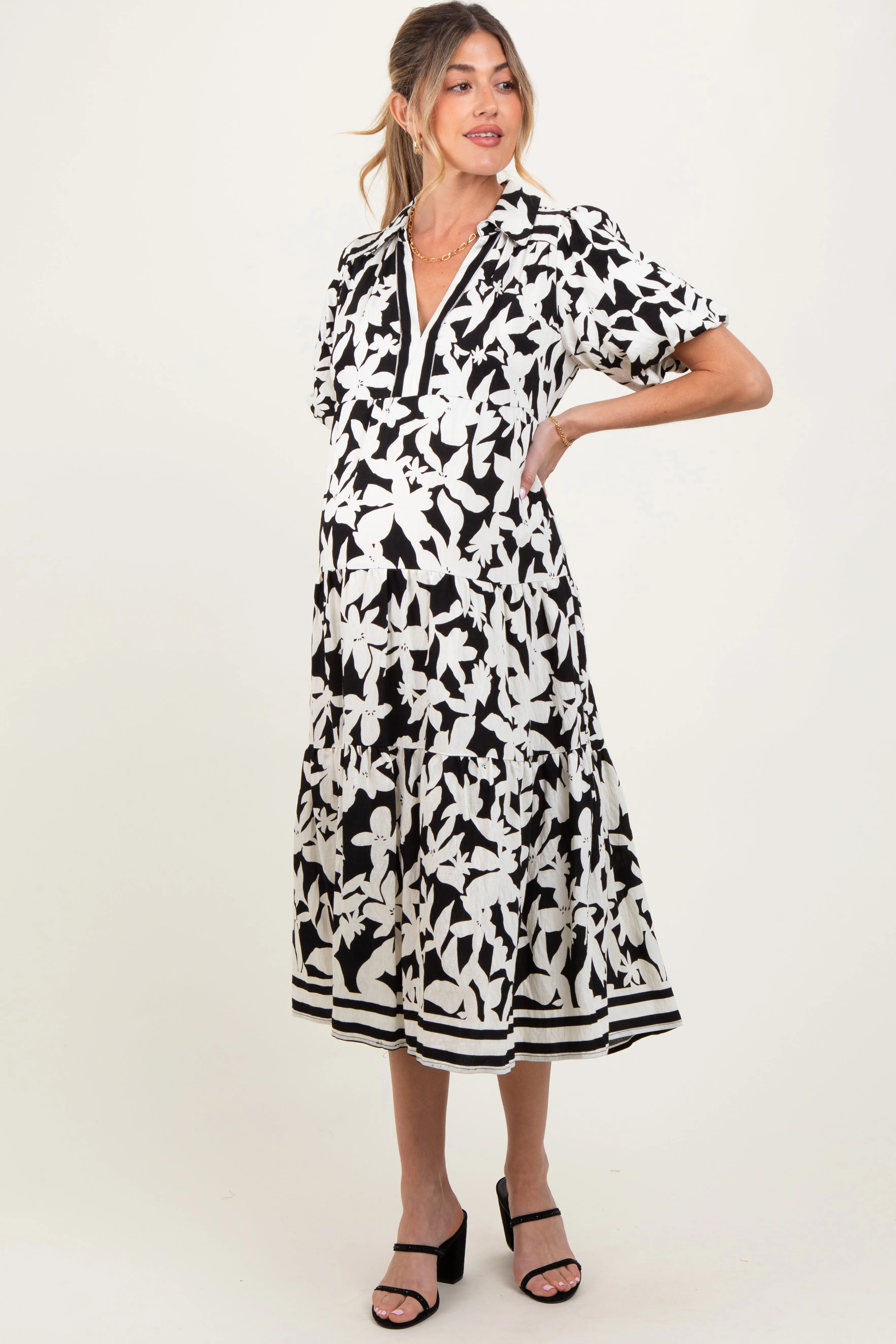 Black Botanical Print A Line Tiered Maternity Dress sold by Pinkblush