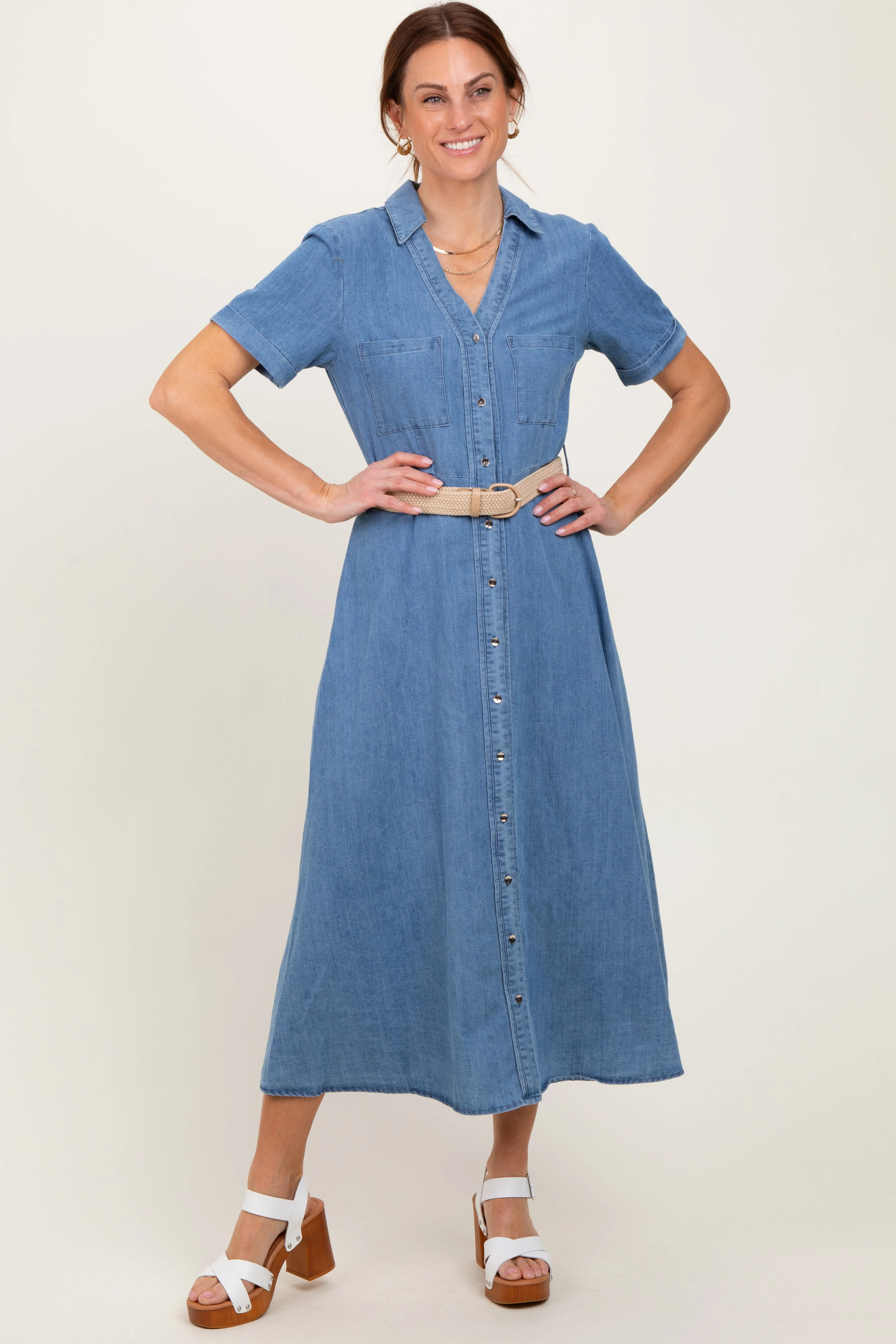 Blue Chambray Button Down Midi Shirt Dress sold by Pinkblush product image thumbnail 2