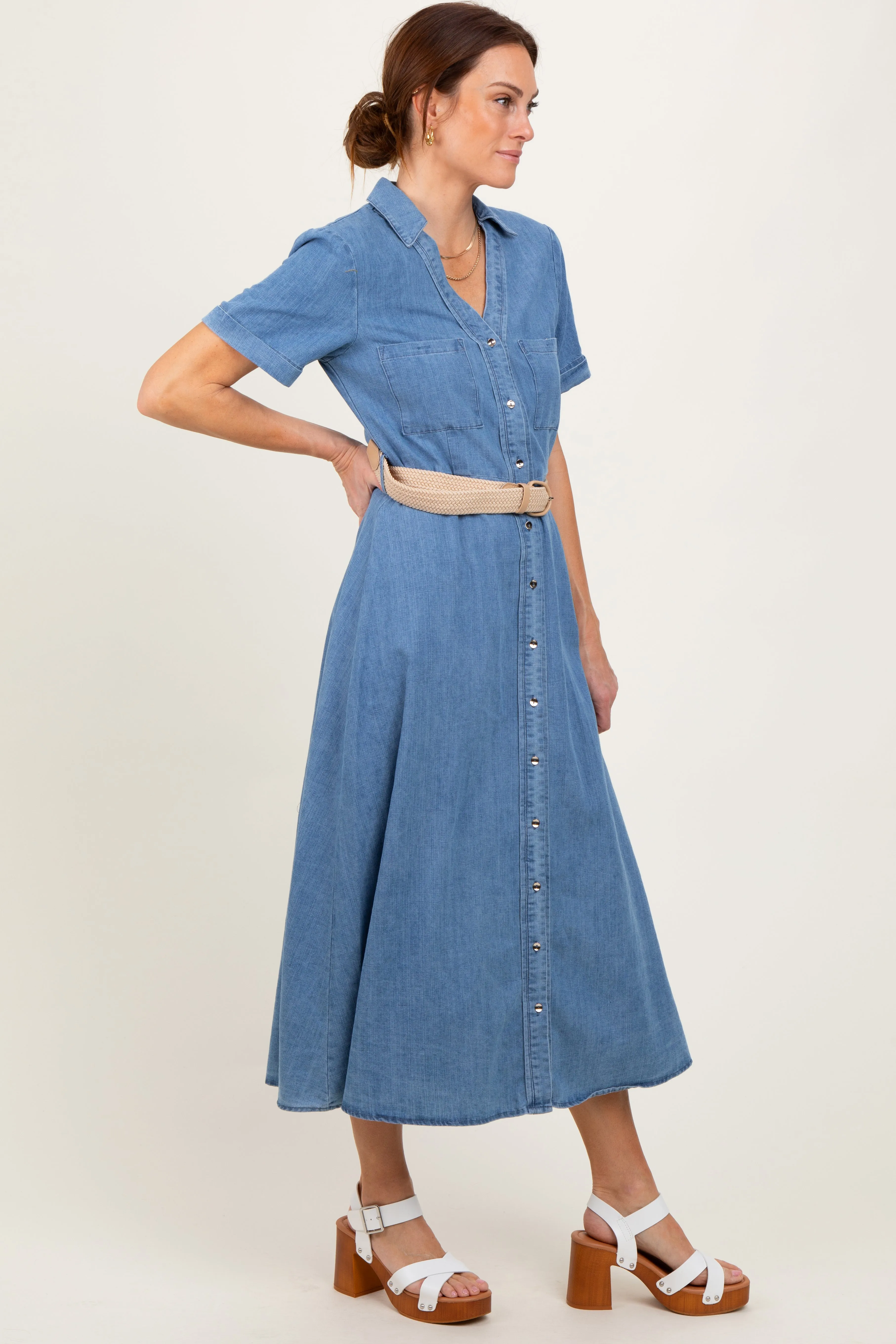 Blue Chambray Button Down Midi Shirt Dress sold by Pinkblush product image thumbnail 3