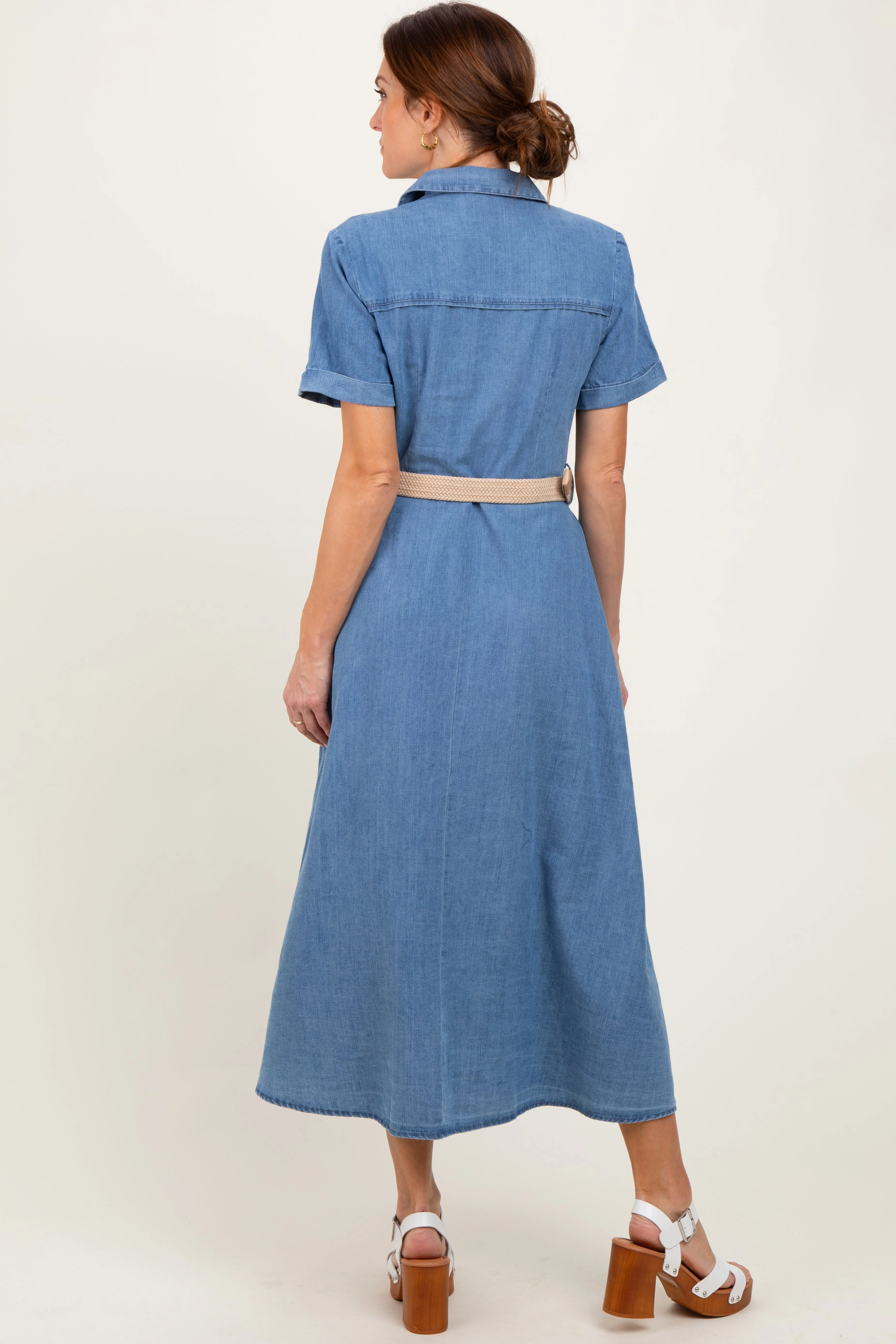 Blue Chambray Button Down Midi Shirt Dress sold by Pinkblush product image thumbnail 4