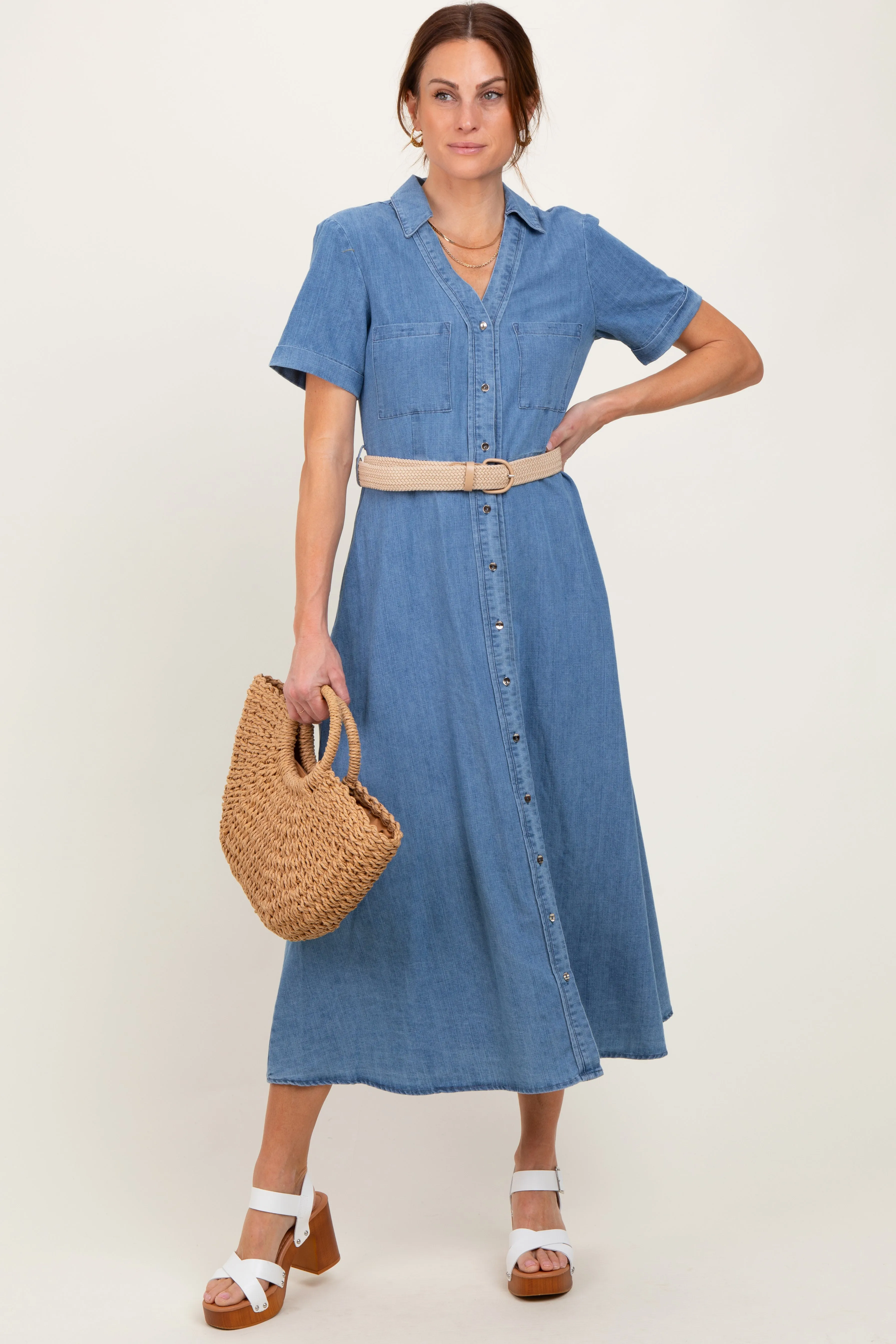 Blue Chambray Button Down Midi Shirt Dress sold by Pinkblush