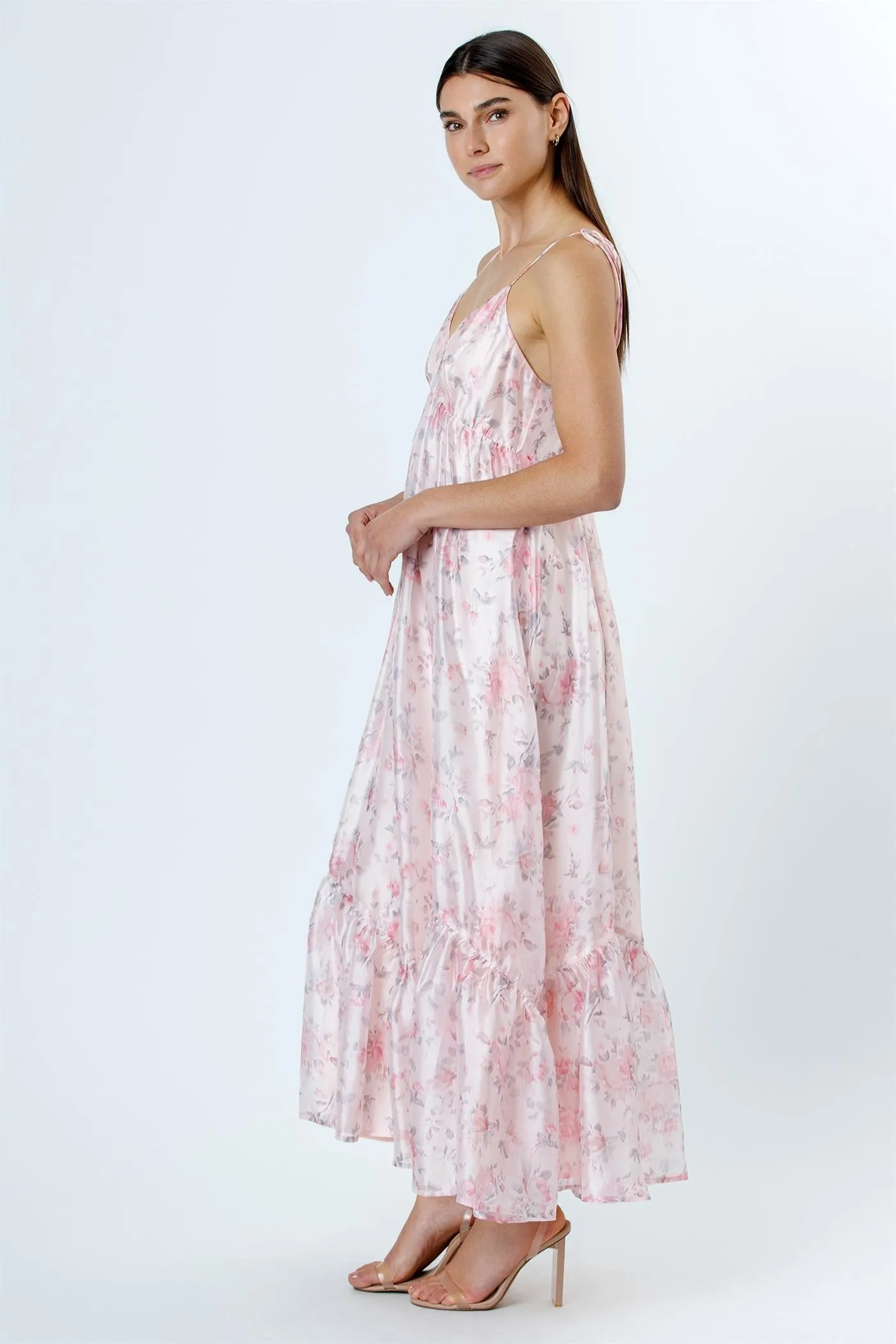 Pink Floral Satin Ruffle Hem Maxi Dress sold by Pinkblush product image thumbnail 3
