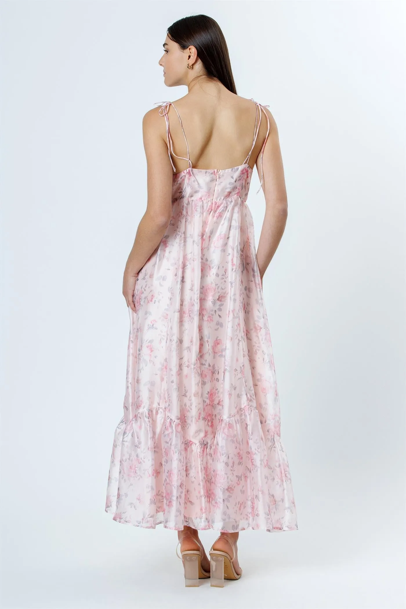 Pink Floral Satin Ruffle Hem Maxi Dress sold by Pinkblush product image thumbnail 4
