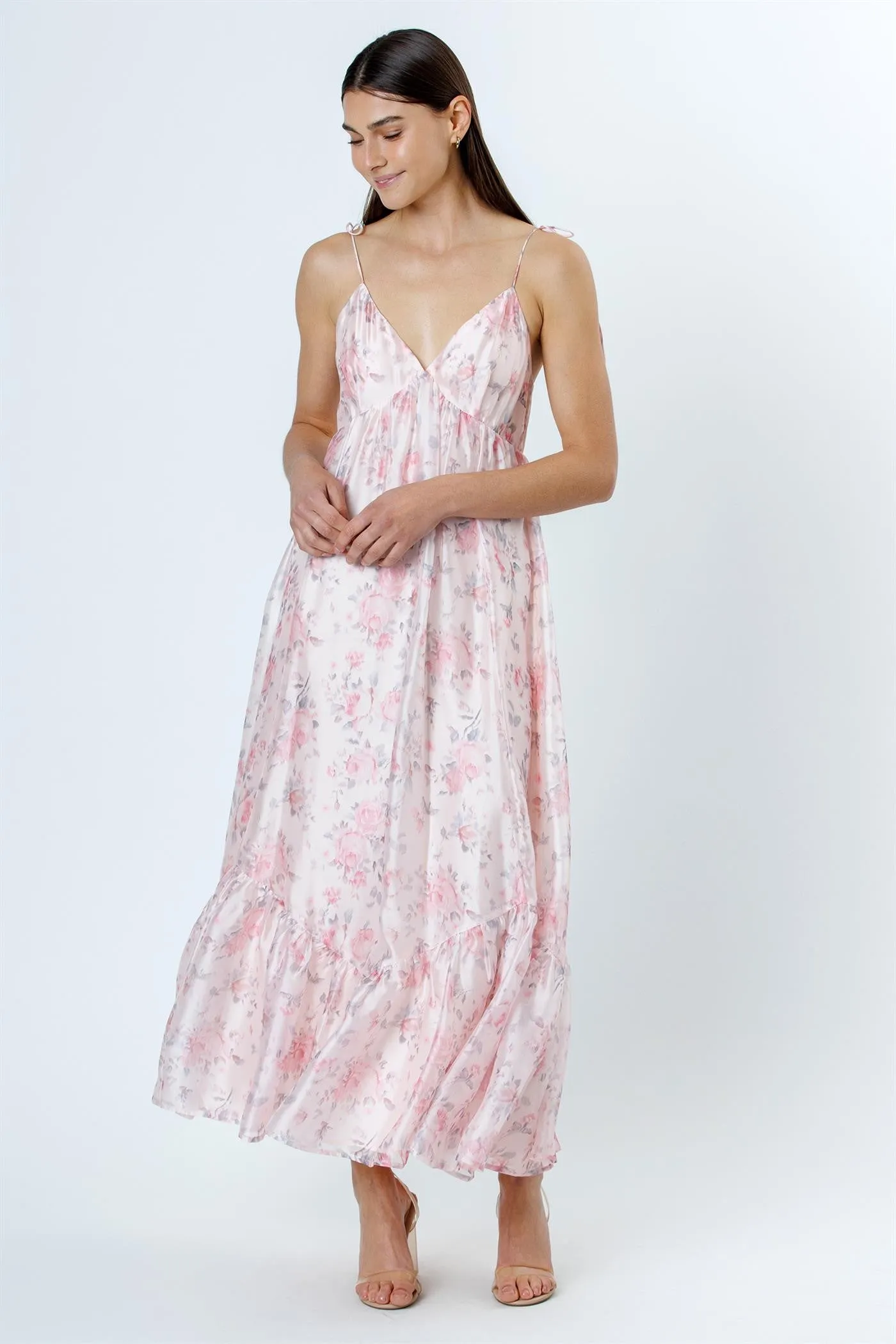 Pink Floral Satin Ruffle Hem Maxi Dress sold by Pinkblush