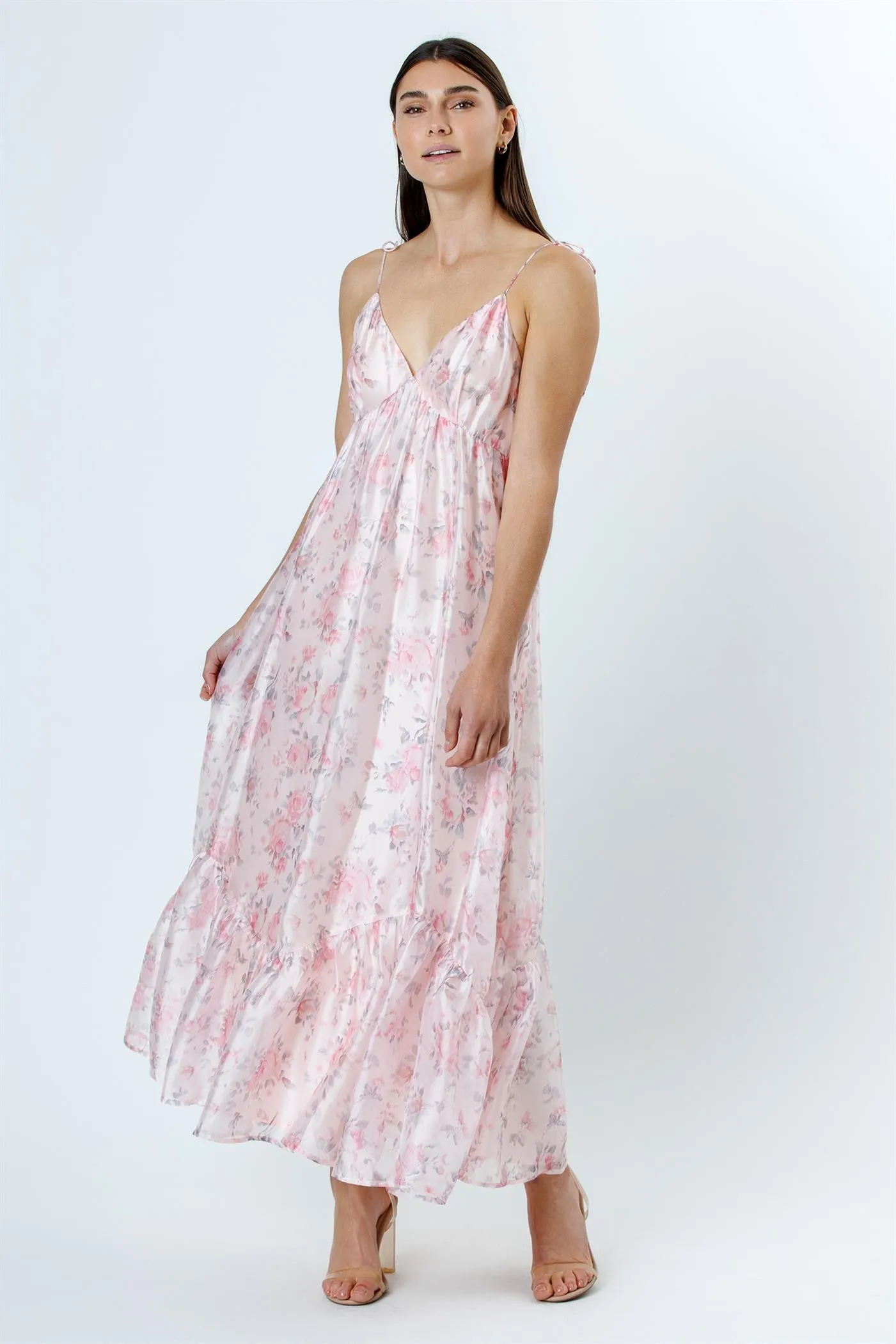 Pink Floral Satin Ruffle Hem Maxi Dress sold by Pinkblush product image thumbnail 2