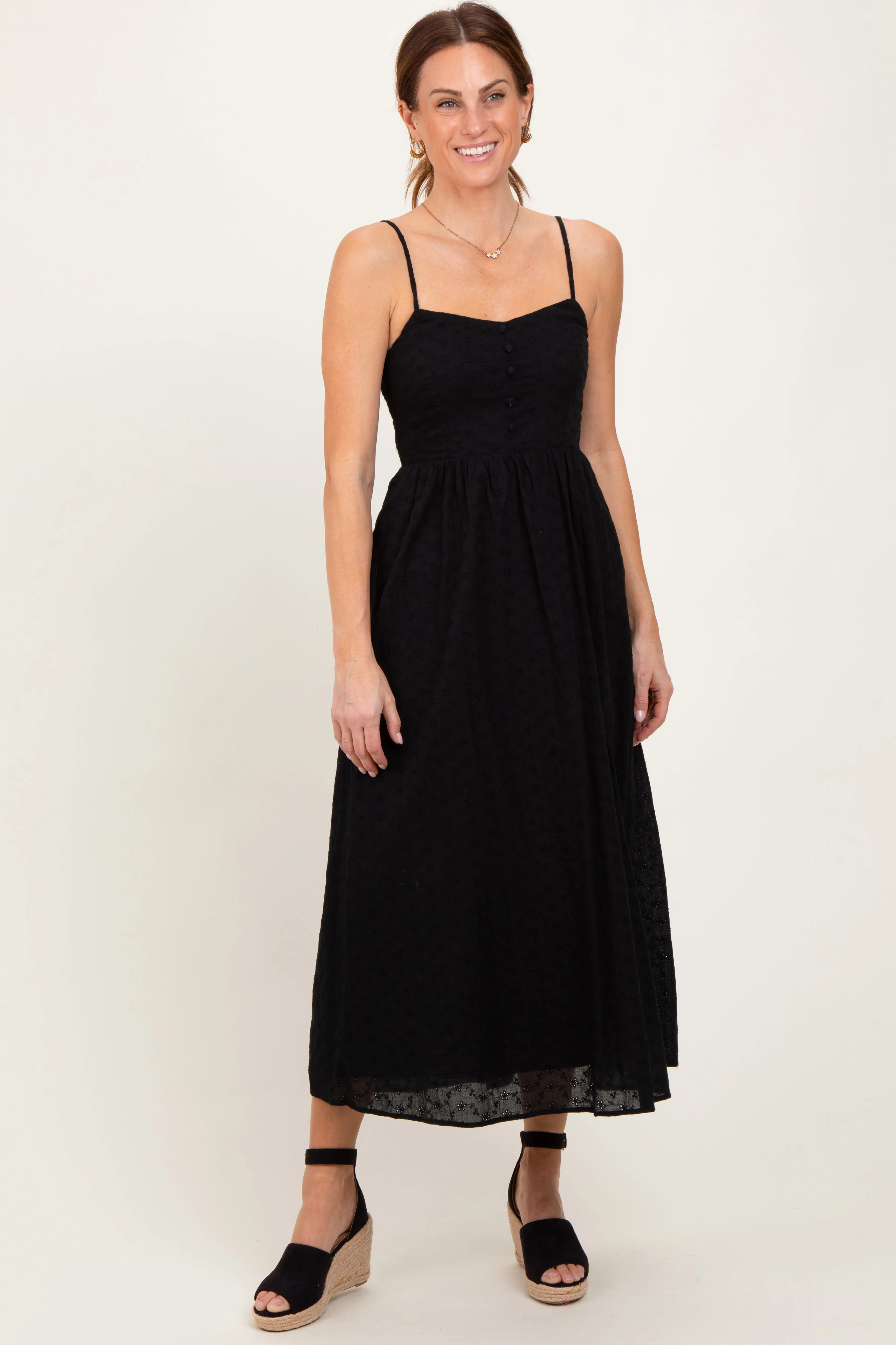 Black Eyelet Front Button Sleeveless Midi Dress sold by Pinkblush