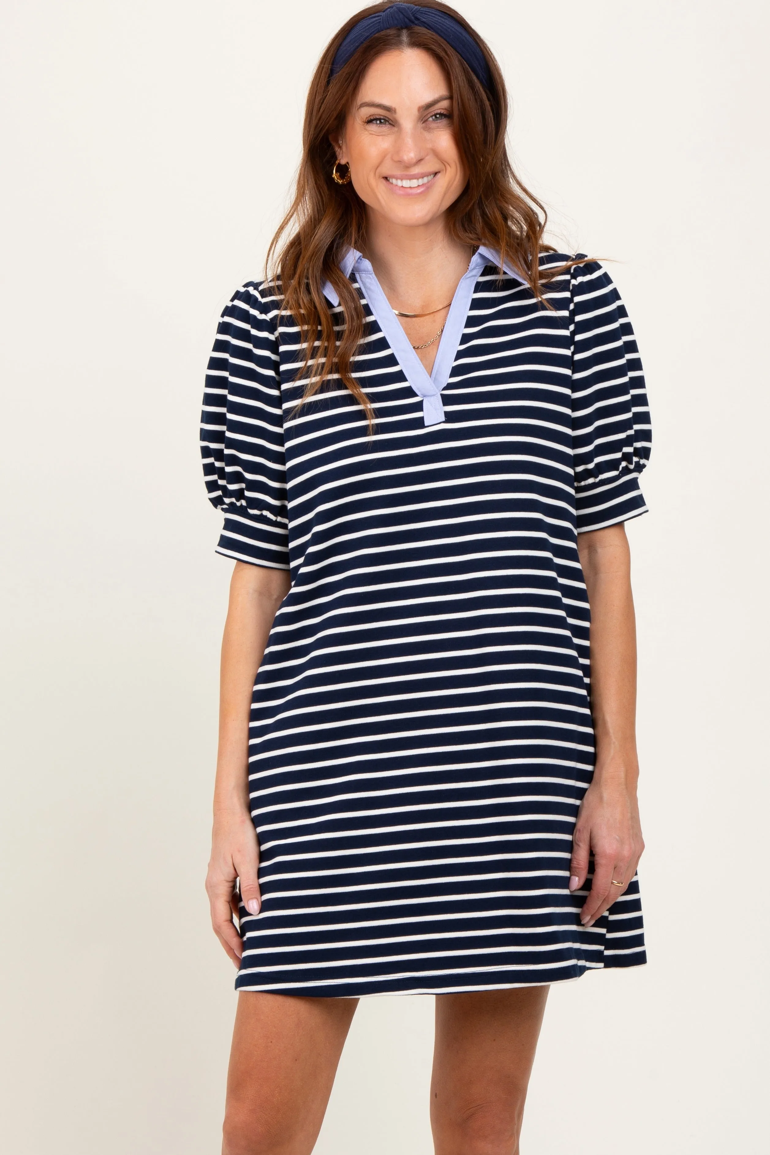 Navy Striped Collared Puff Sleeve Maternity Dress sold by Pinkblush product image thumbnail 5
