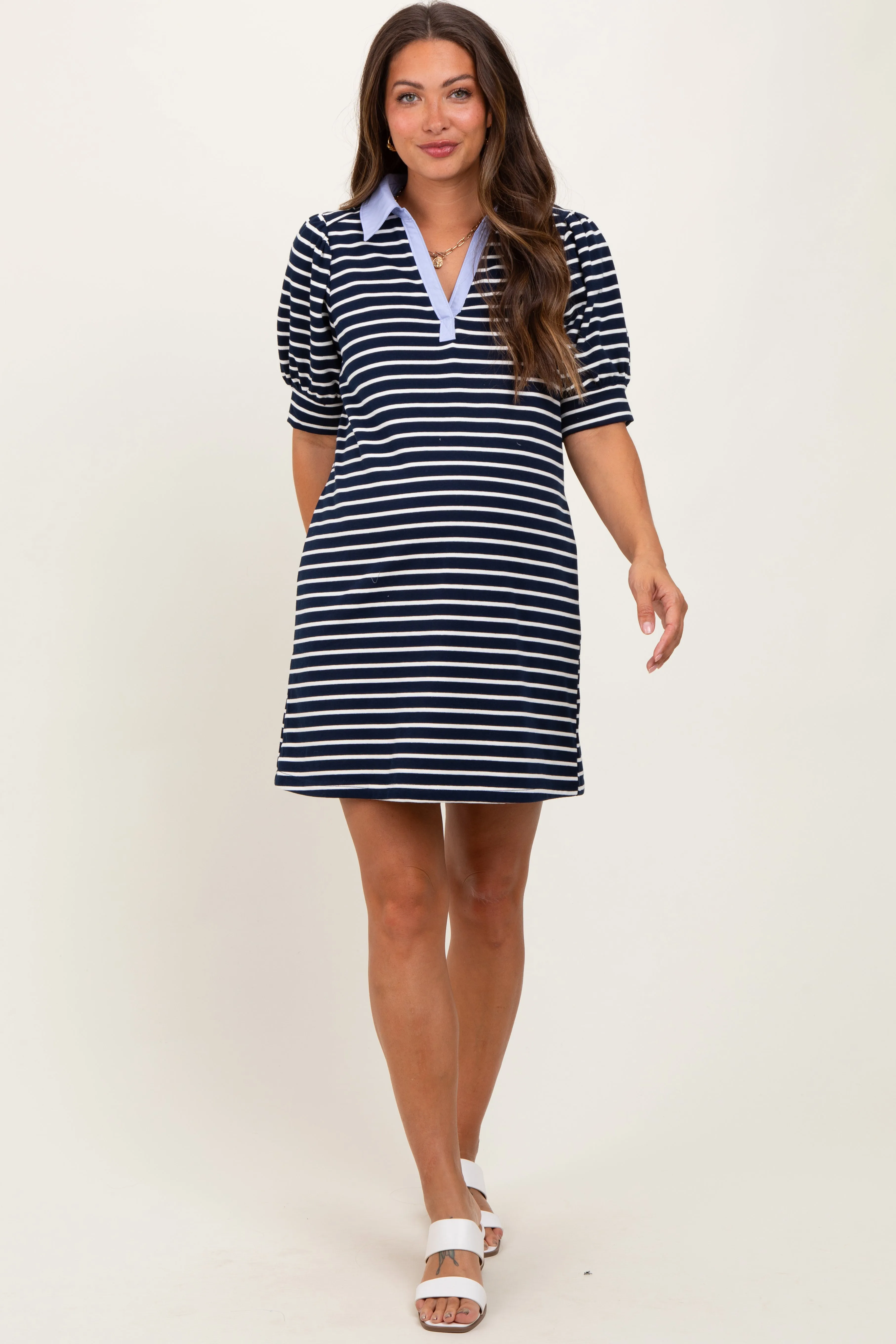Navy Striped Collared Puff Sleeve Maternity Dress sold by Pinkblush product image thumbnail 2